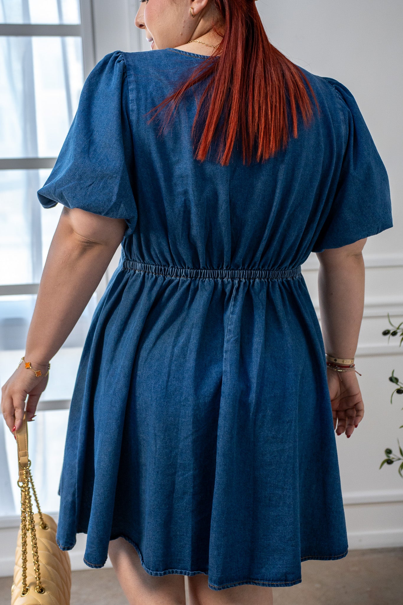 Vestido Denim Curvy Manga Globo Escote V