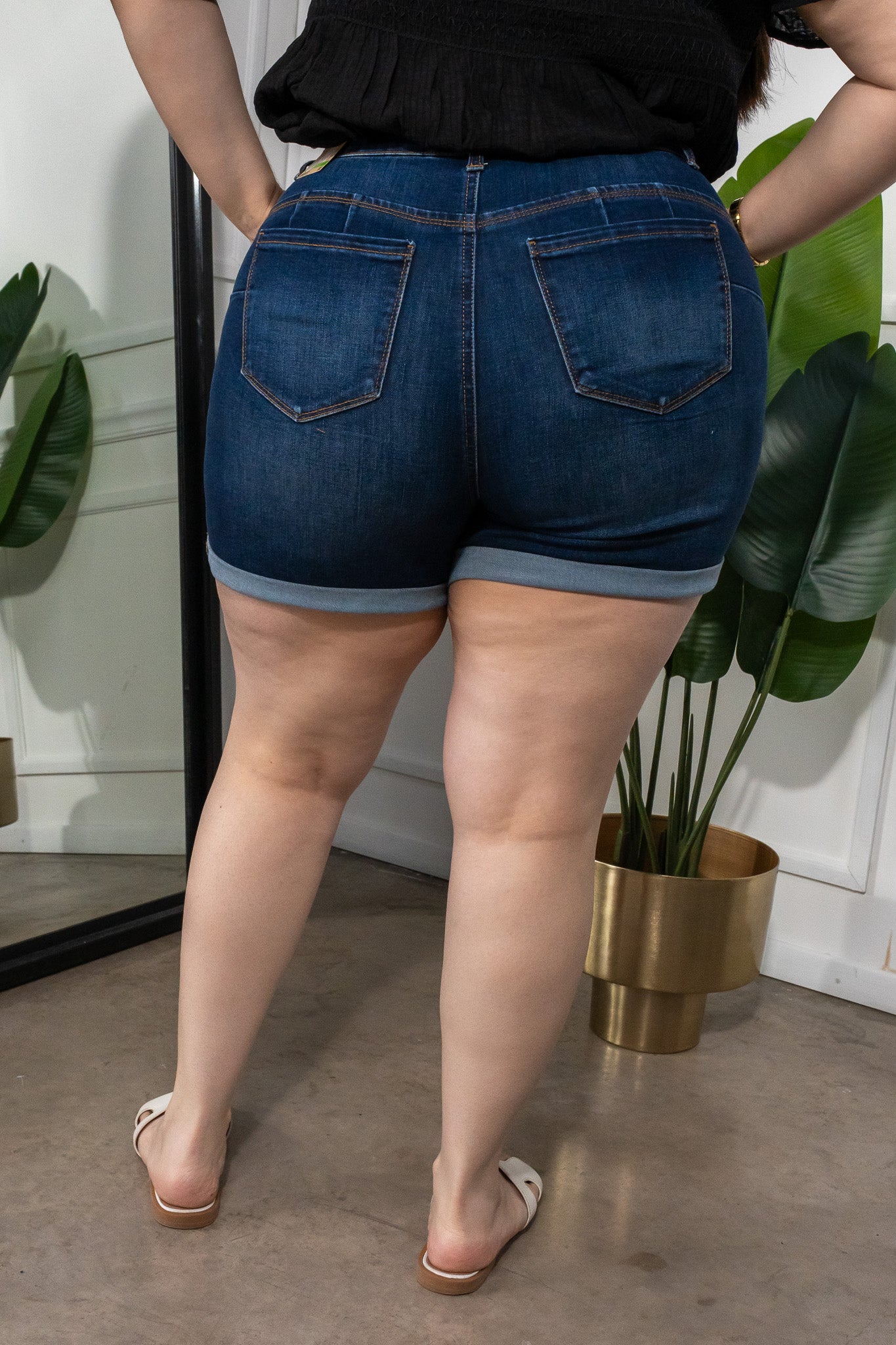 Short Curvy Mezclilla Bolsas, Cintura Alta Azul Denim Oscuro