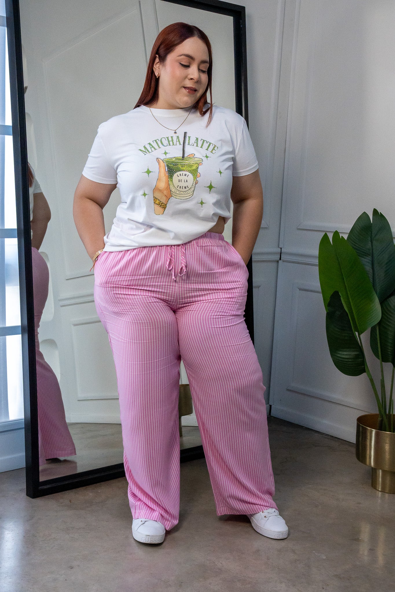 Pantalón Palazzo Curvy Rosa Rayas Verticales Cintura Elástica