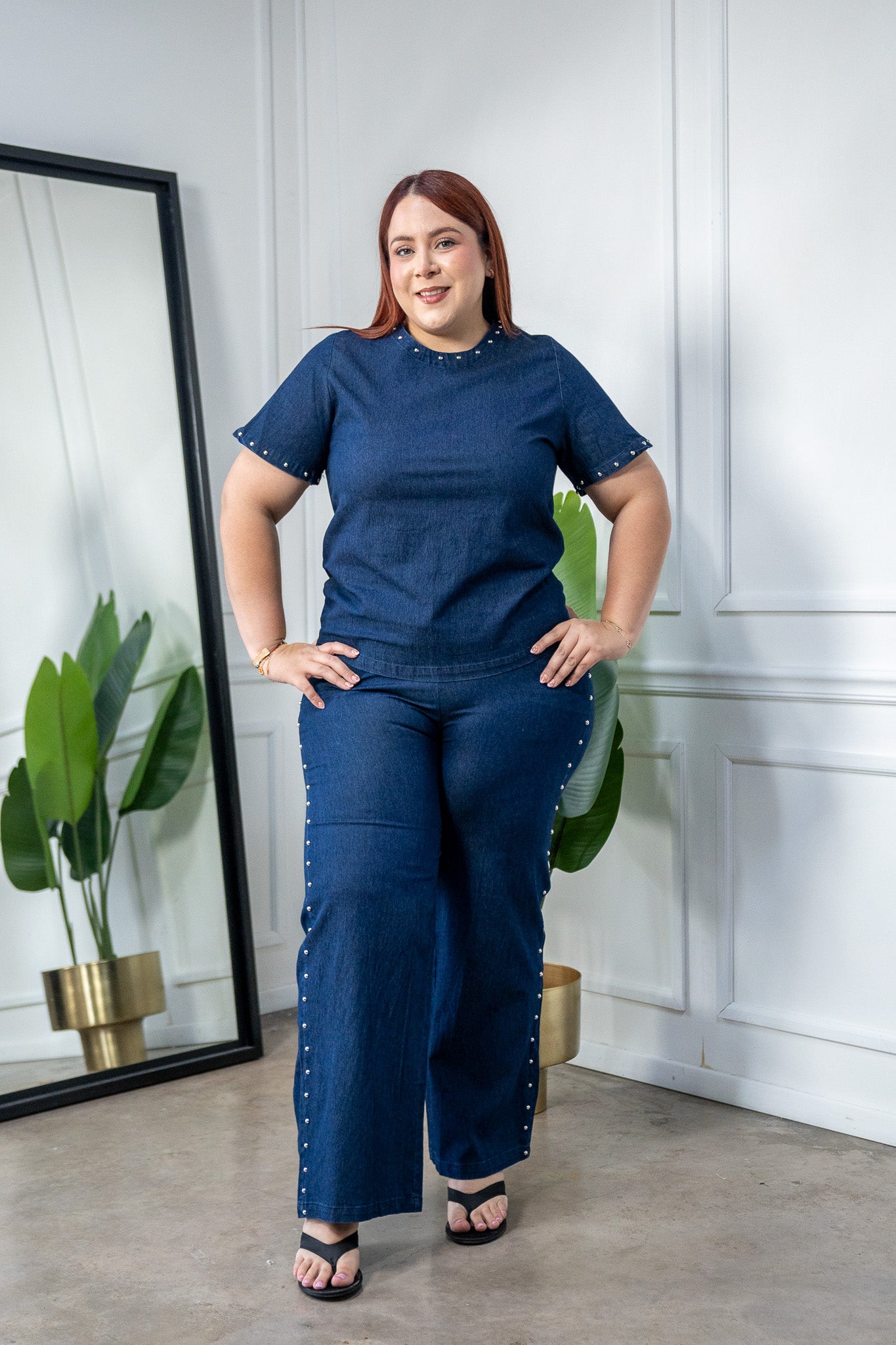 Set Pantalon Denim con Estoperoles Curvy Oscuro