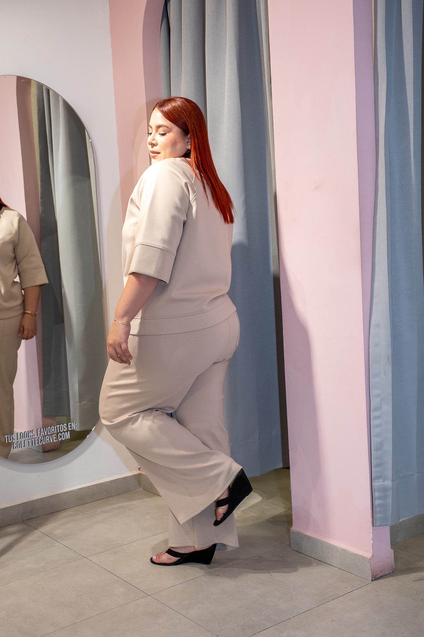 Set Curvy Pants Liso Cintura Elastica Beige
