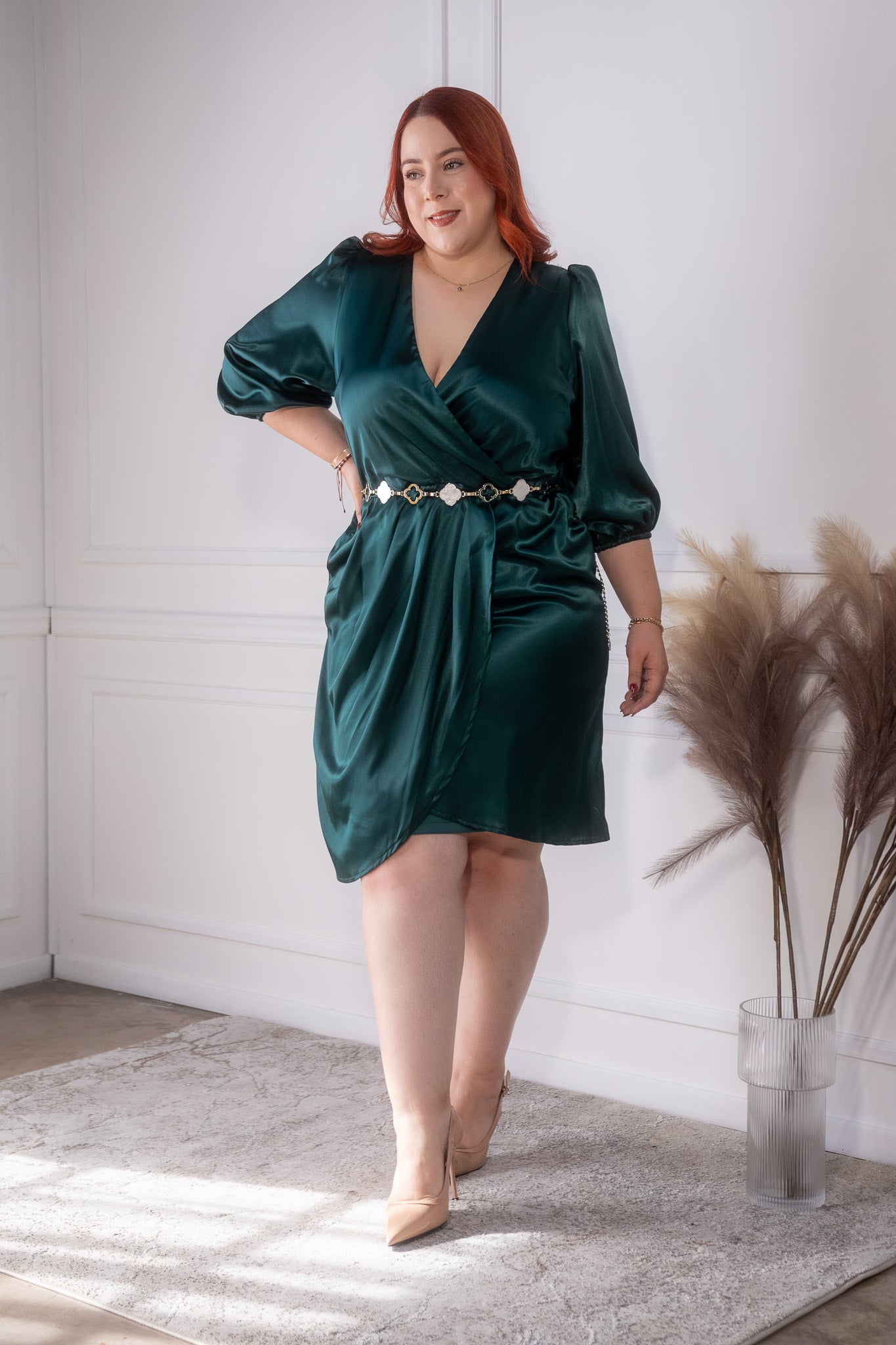 Vestido satin liso cruzado verde