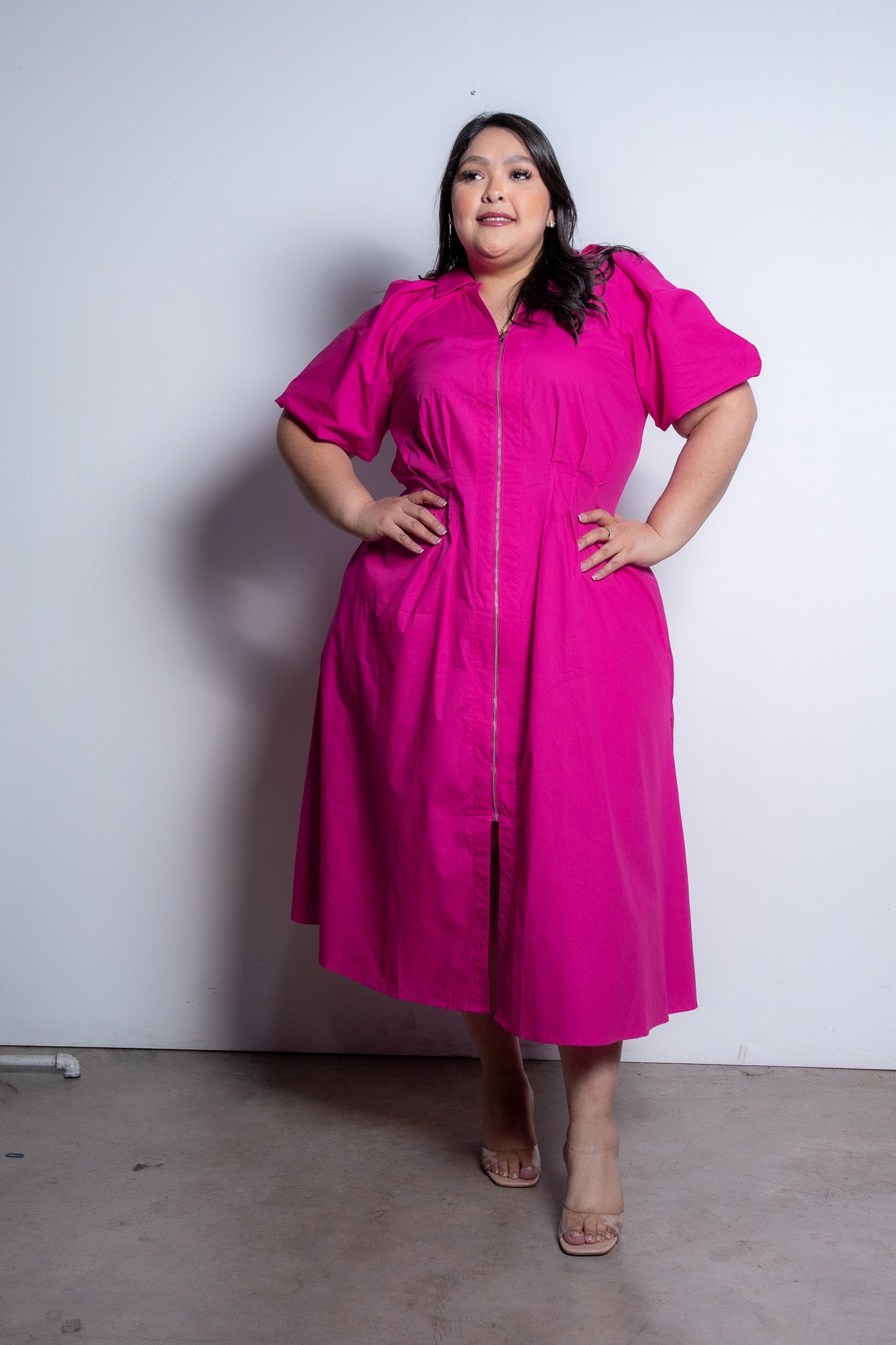 pink midi dress with zipper