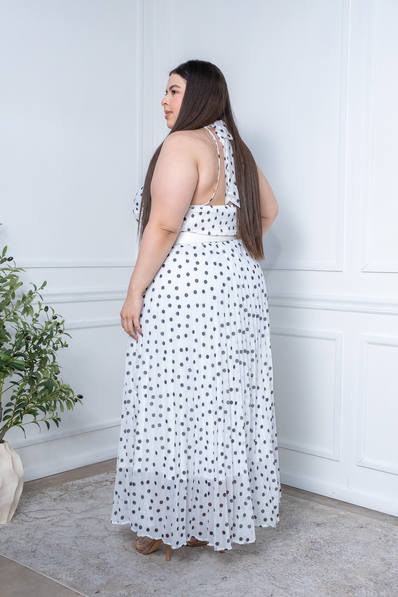 Vestido largo polka halter bco