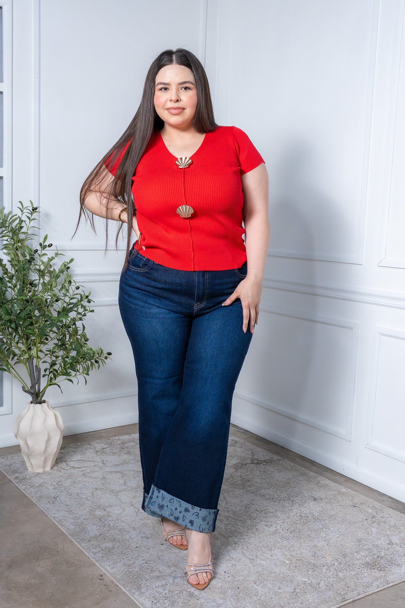 Blusa punto boton concha rojo