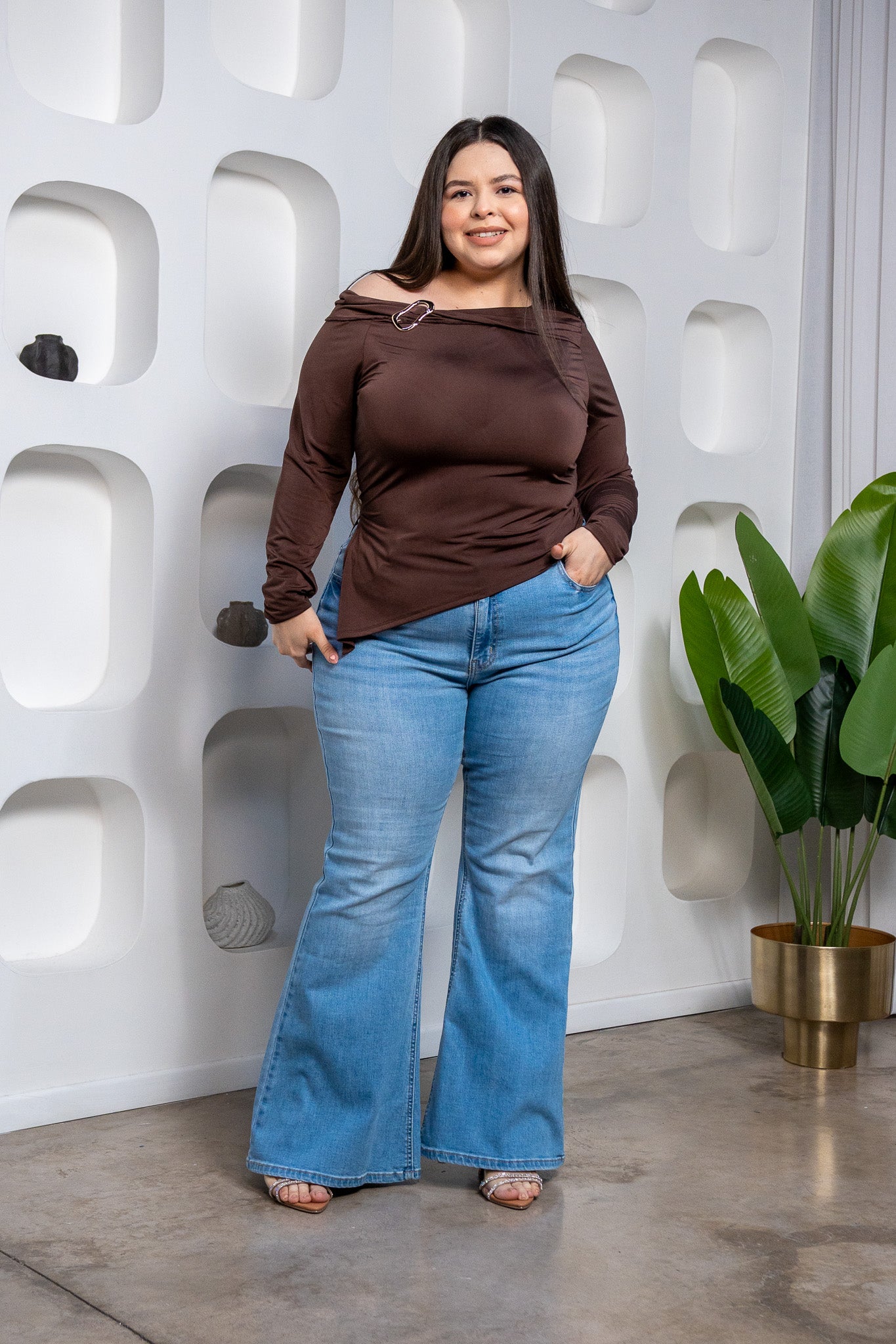 one-shoulder brown blouse