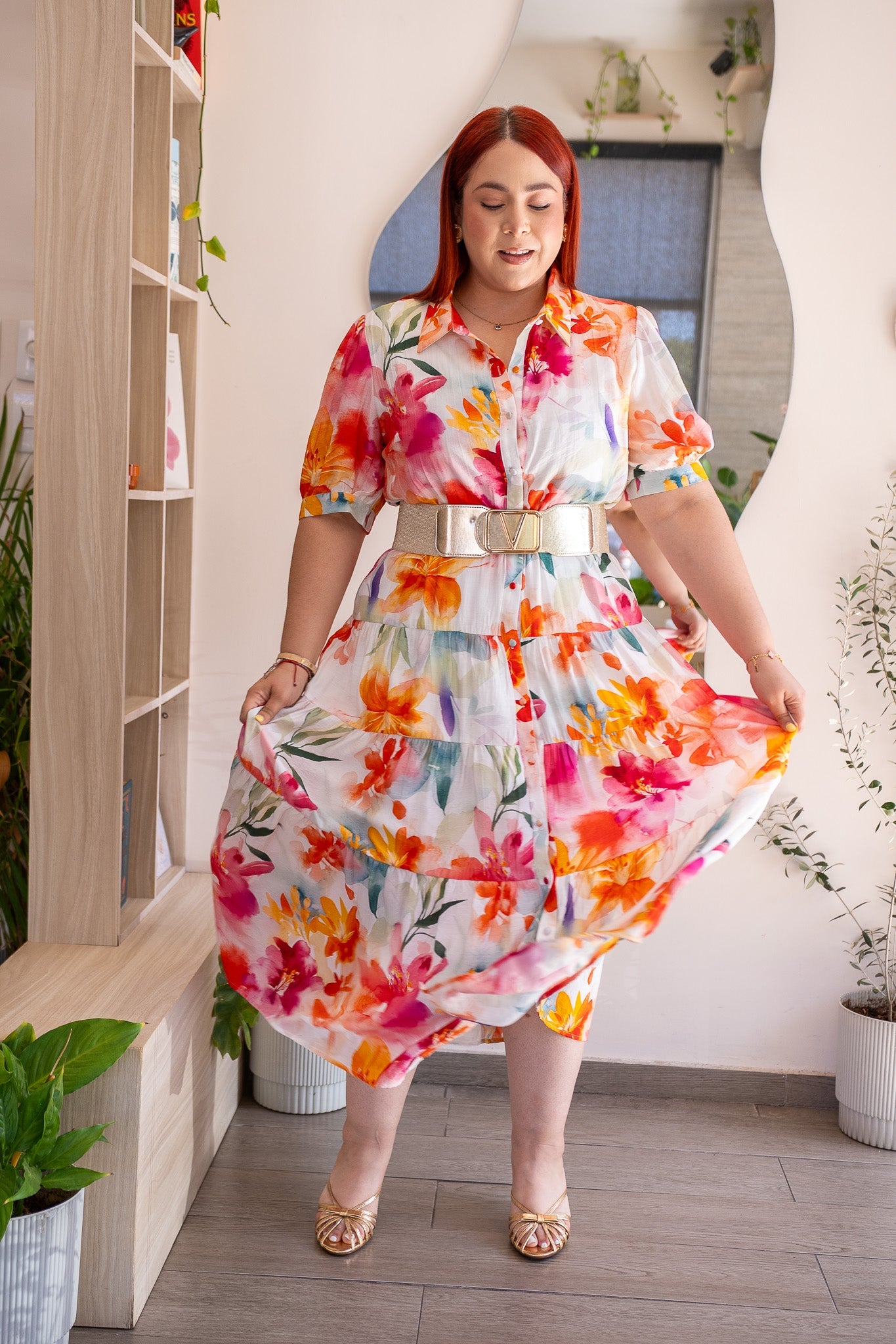 Vestido Midi Camisero Curvy Floral Acuarela Tropical Blanco