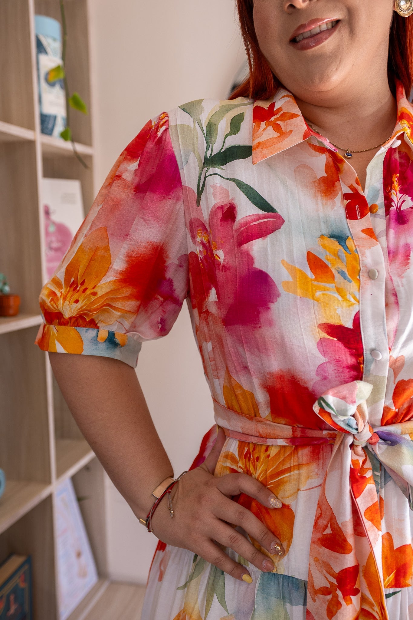 Vestido Midi Camisero Curvy Floral Acuarela Tropical Blanco