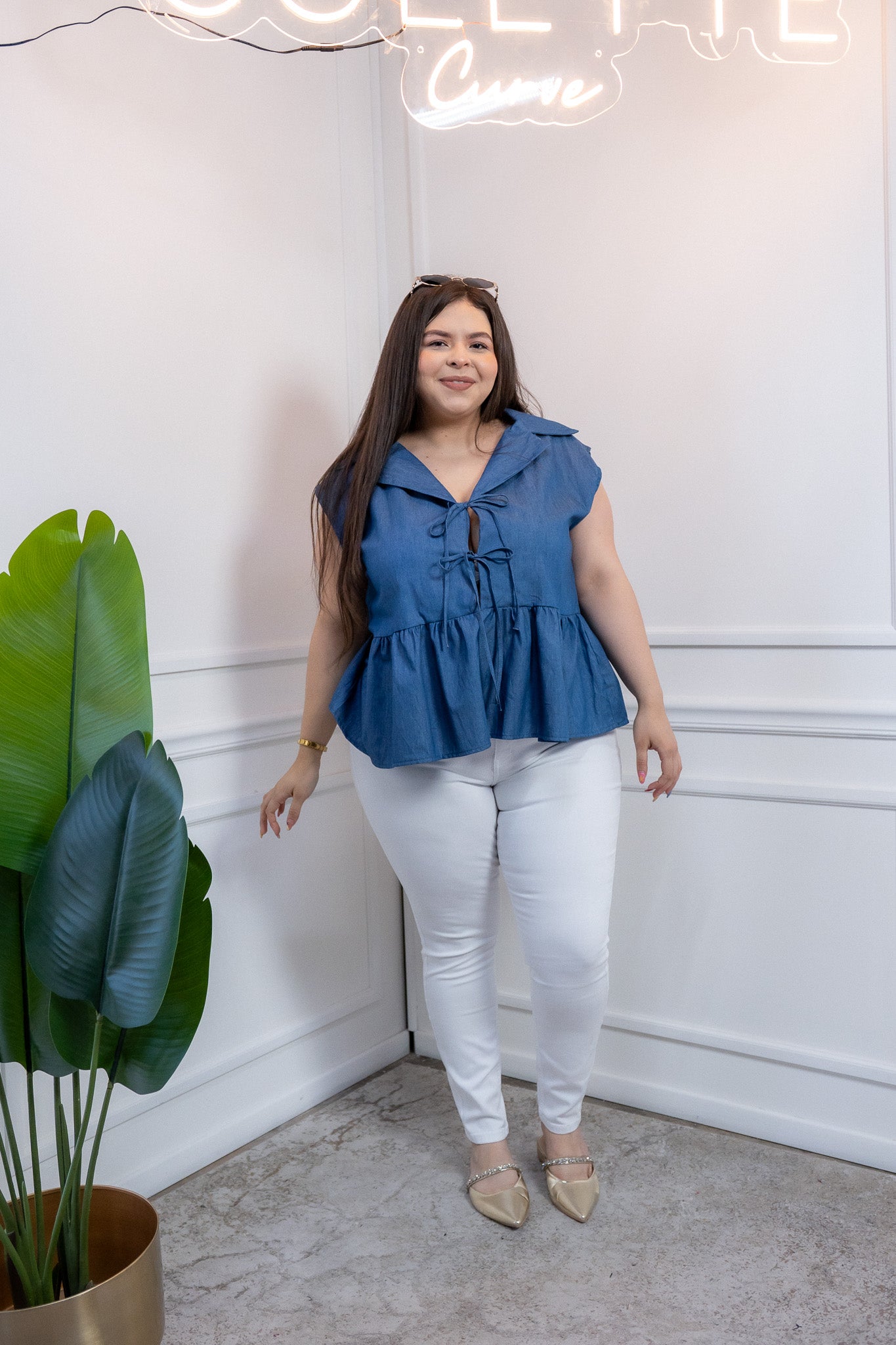 Blusa Curvy Mezclilla Peplum con Nudos Casual Juvenil