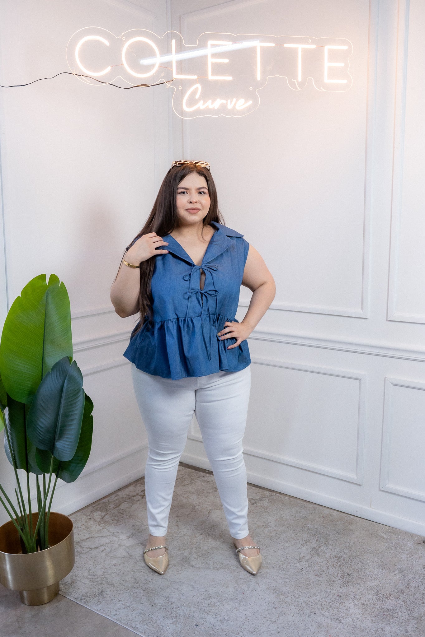 Blusa Curvy Mezclilla Peplum con Nudos Casual Juvenil