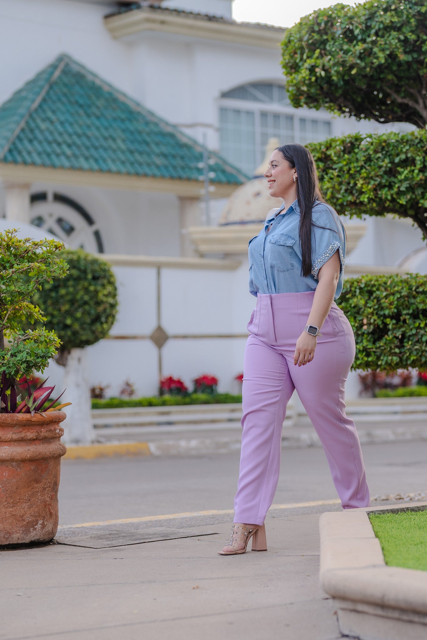 Pantalón de Vestir con Pinzas Lila Plus Size para Mujer