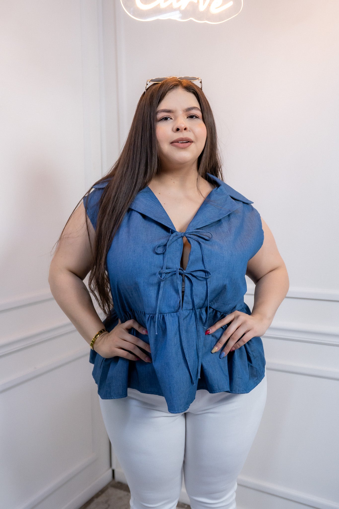 Blusa Curvy Mezclilla Peplum con Nudos Casual Juvenil