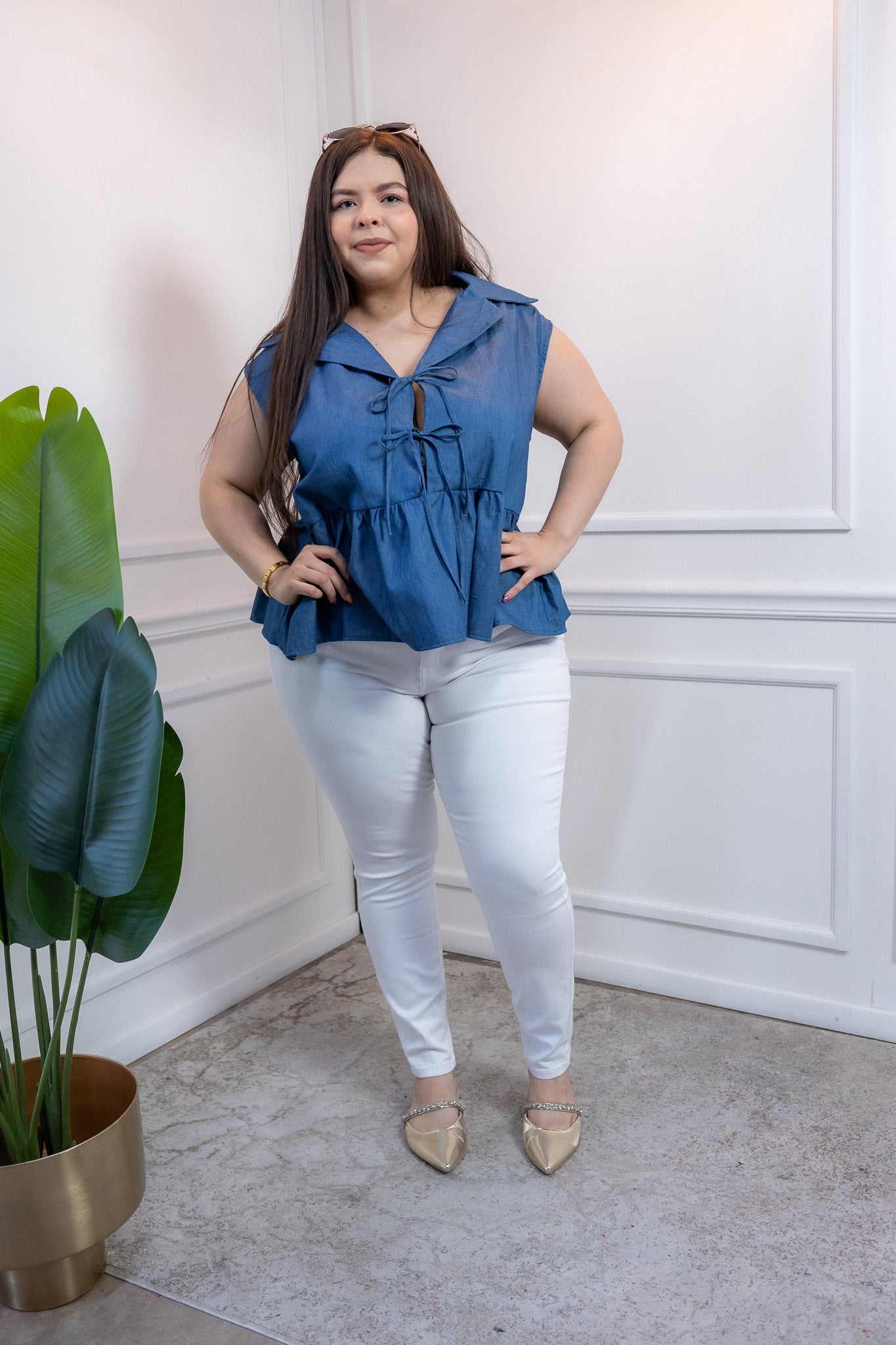 Blusa Curvy Mezclilla Peplum con Nudos Casual Juvenil