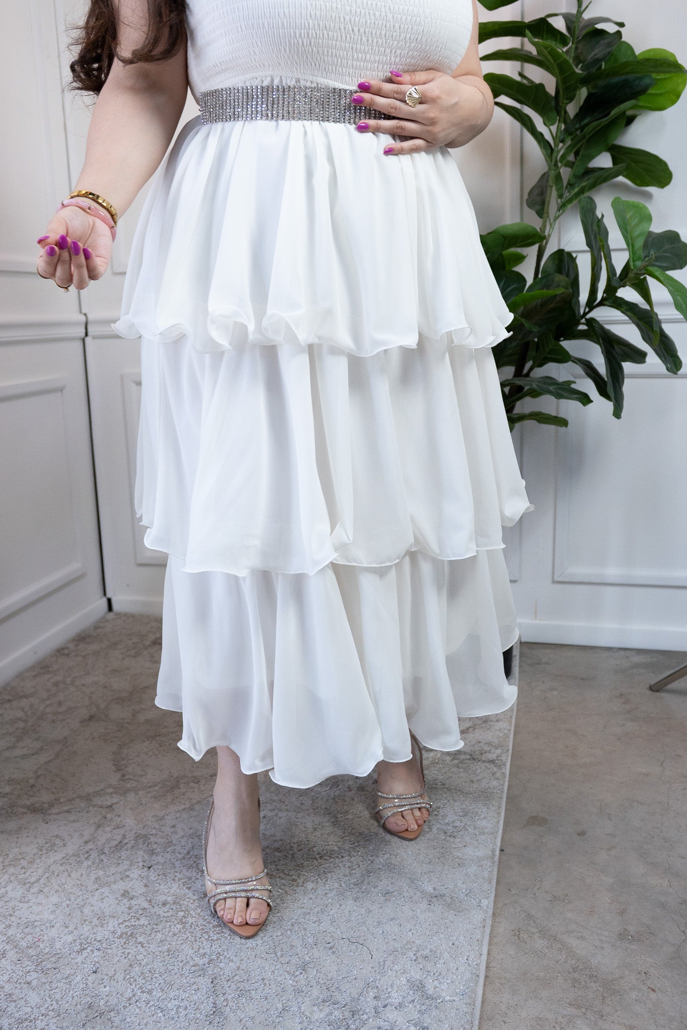 Vestido Curvy de Gasa Ivory con Holanes y Cintura Elástica
