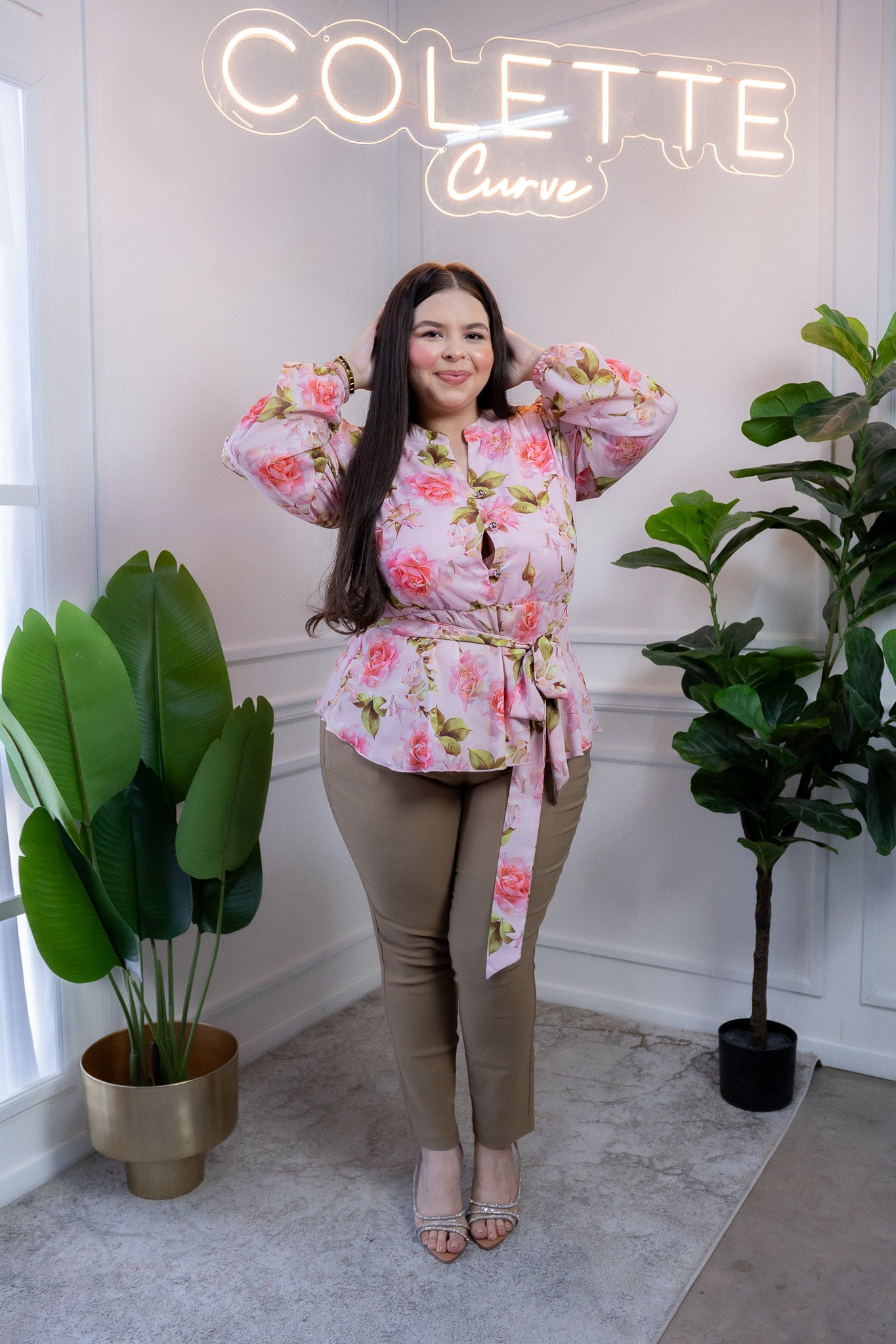 Blusa Curvy Floral Peplum Rosa Manga Larga Define Cintura