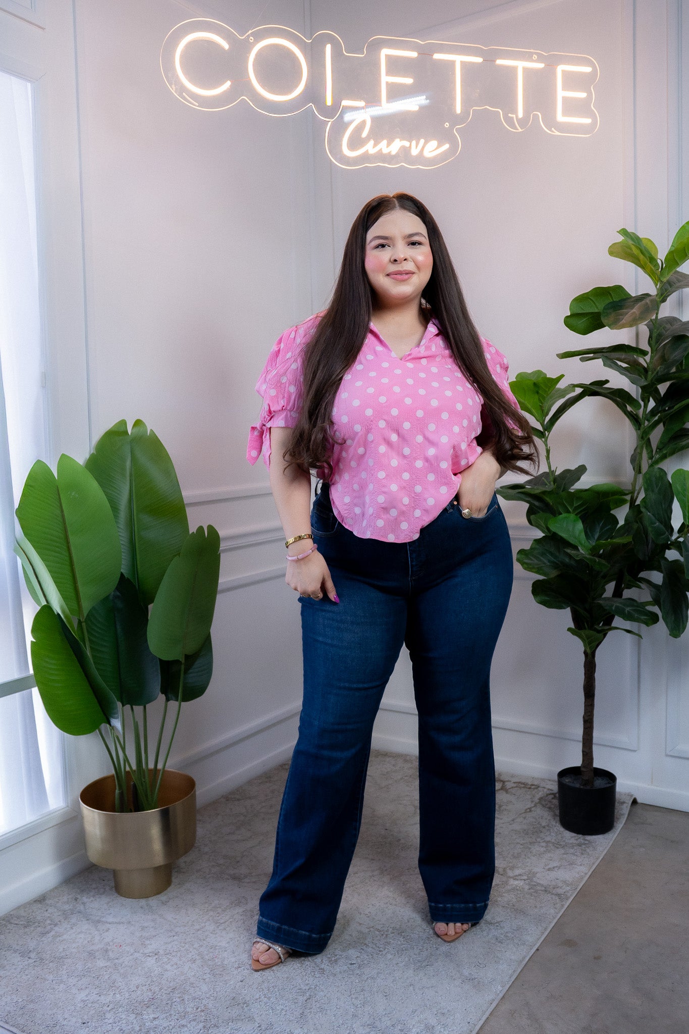 Blusa Curvy Polka Rosa Manga Abullonada con Lazos Femenina