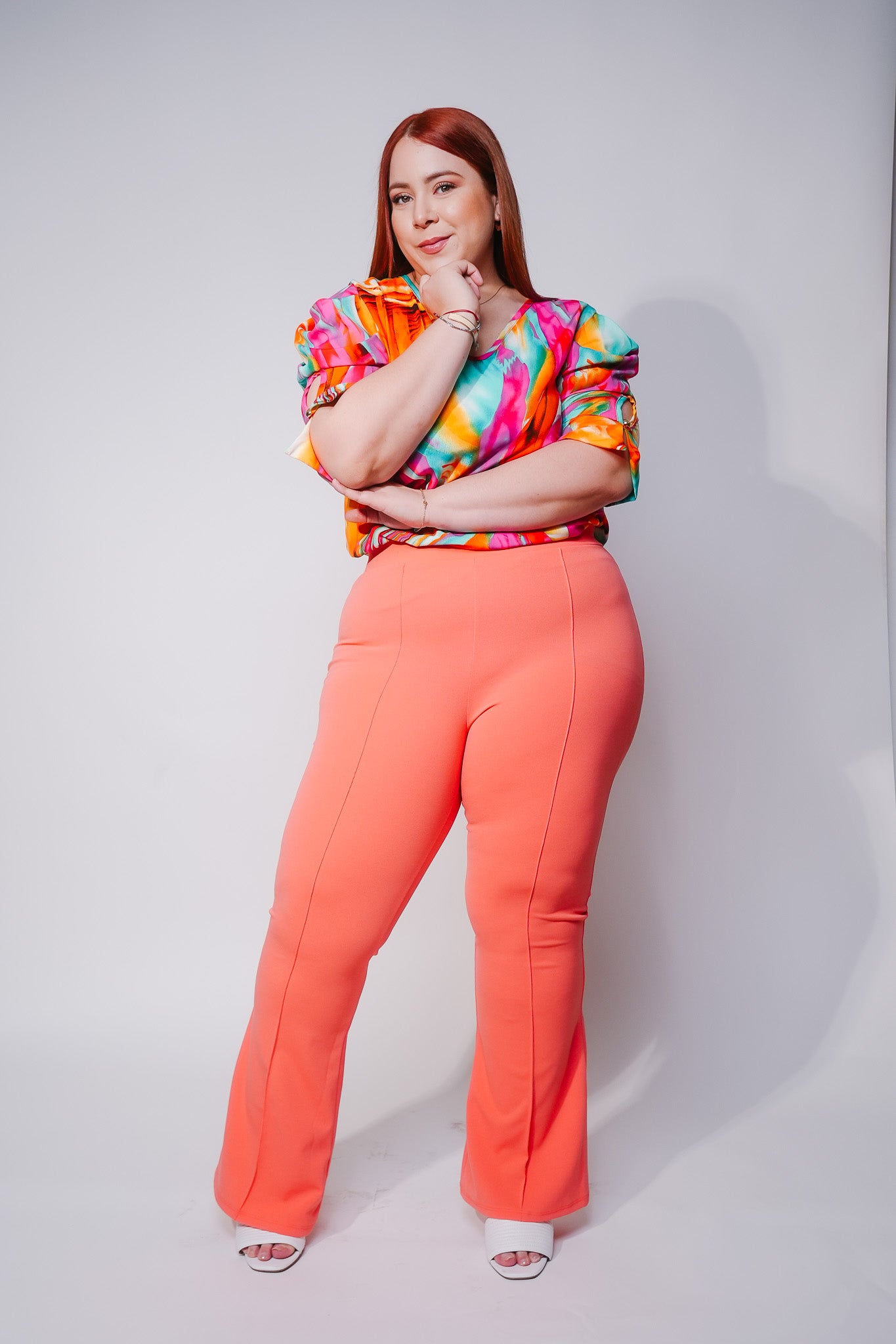 Pantalón de Vestir Campana Naranja Plus Size para Mujer