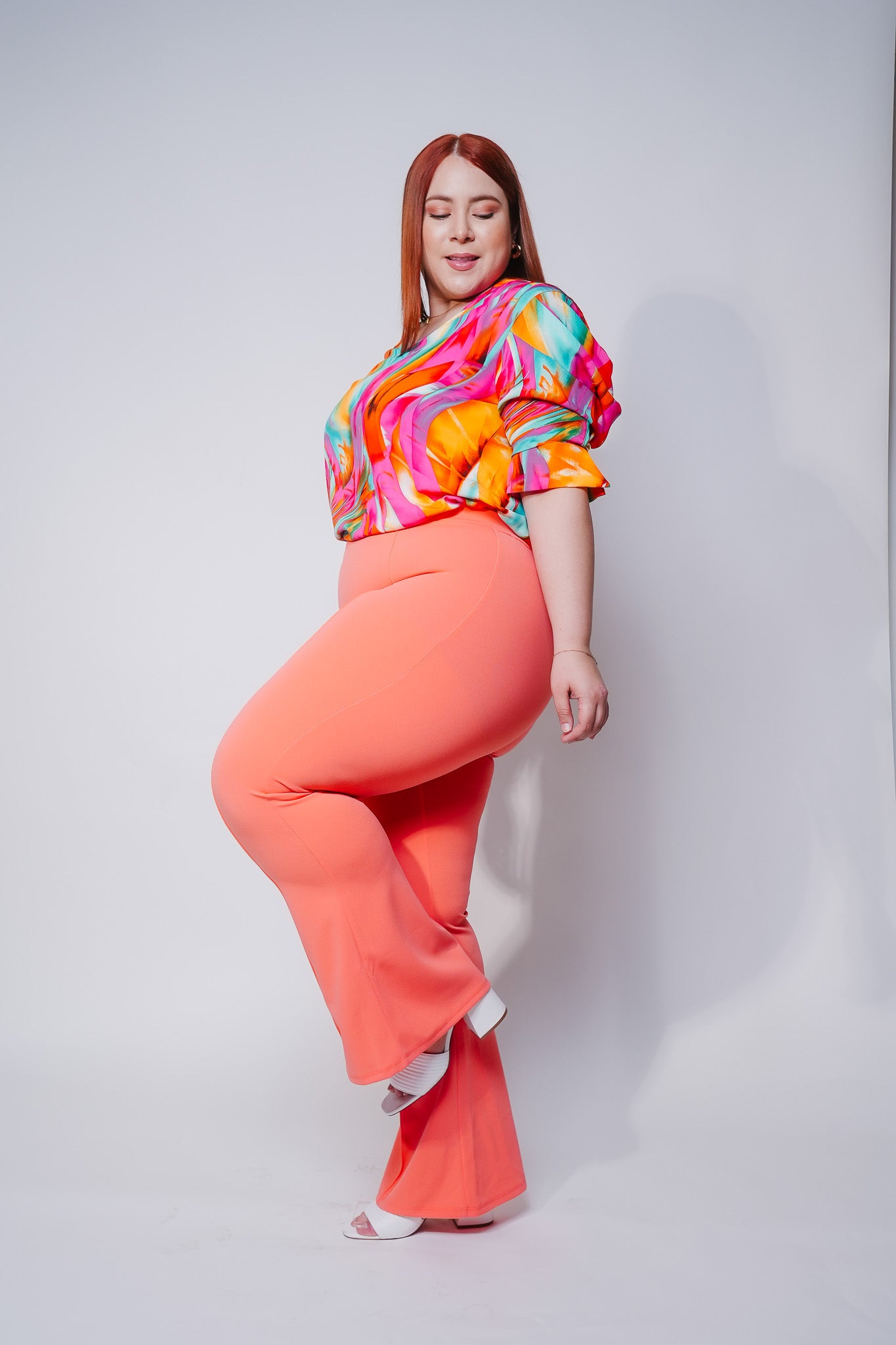Pantalón de Vestir Campana Naranja Plus Size para Mujer