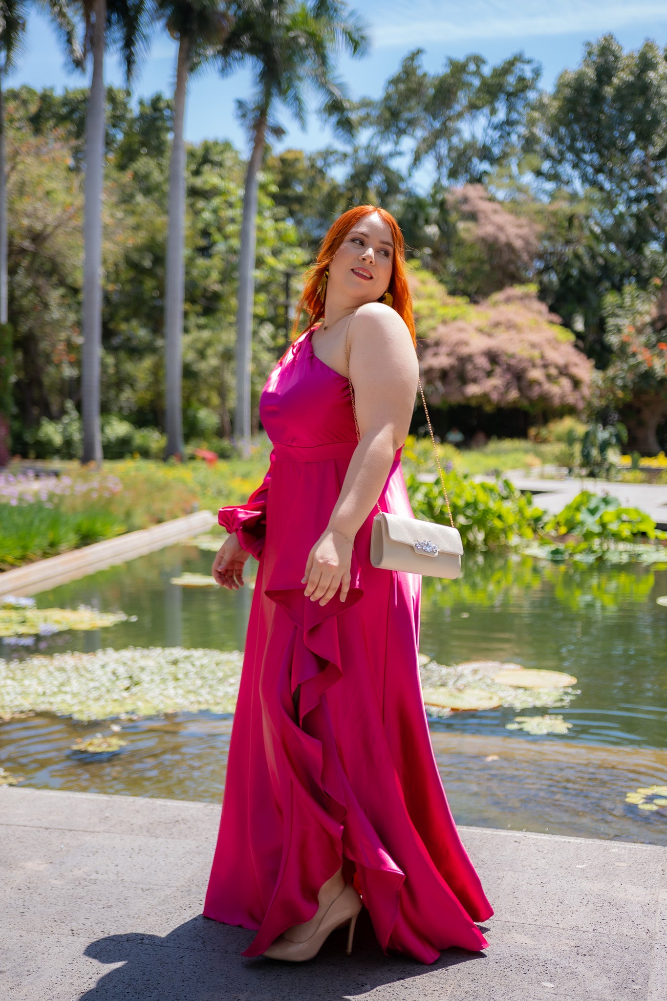 Vestido de Fiesta de Una Manga Fucsia Plus Size para Mujer