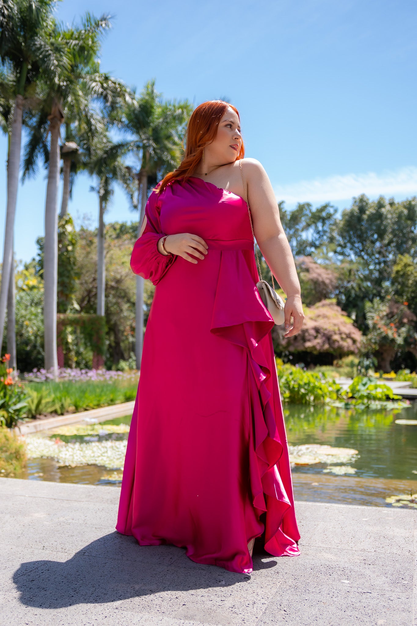 Vestido de Fiesta de Una Manga Fucsia Plus Size para Mujer