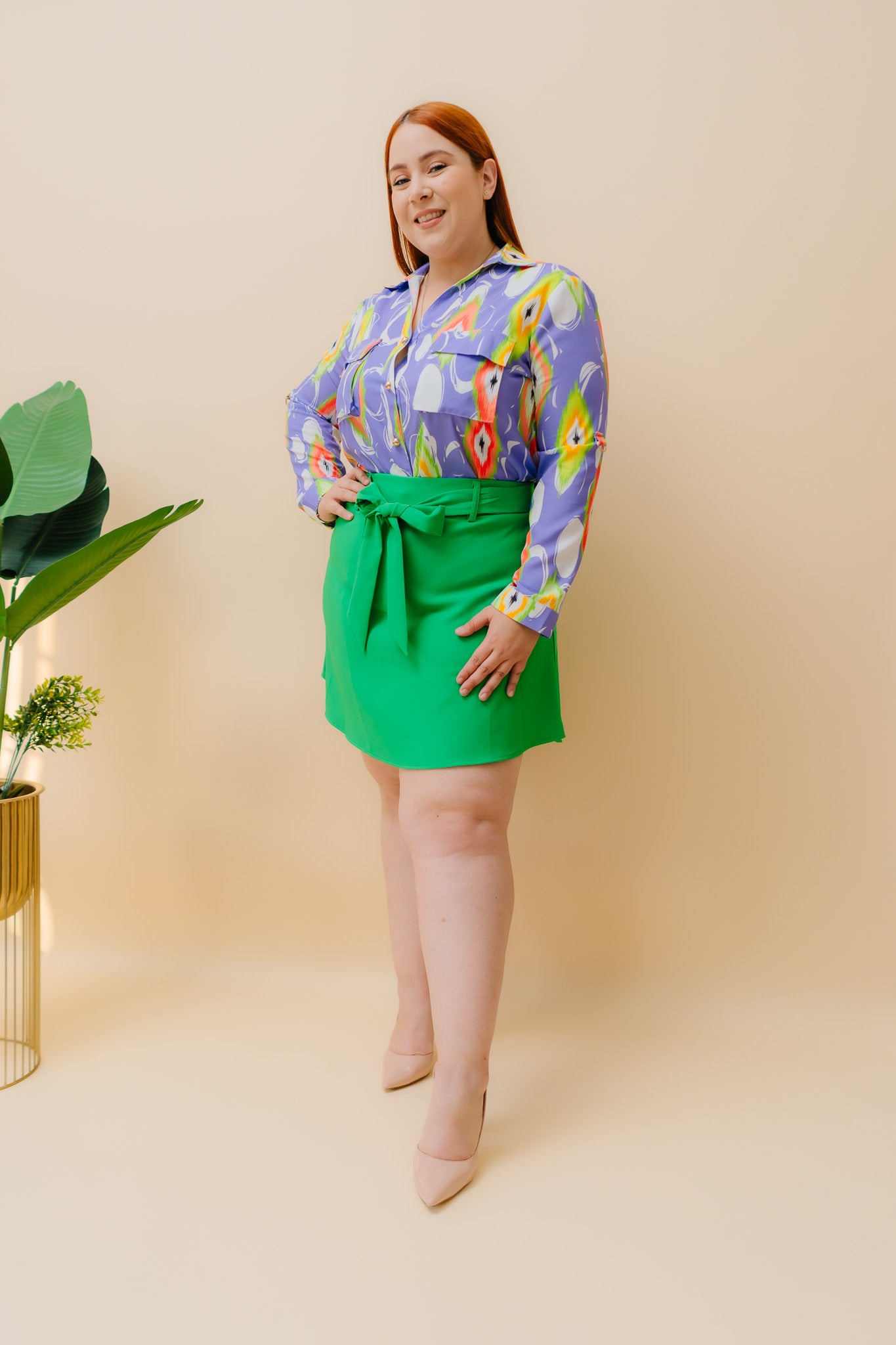 Short Falda Liso Verde Plus Size para Mujer