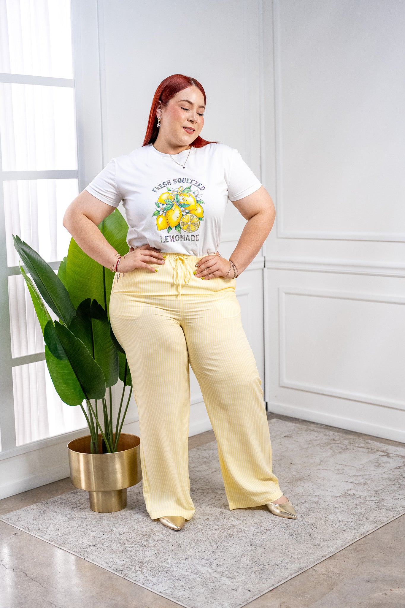 Pantalón Curvy Casual Amarillo con Rayas Verticales Estilizador