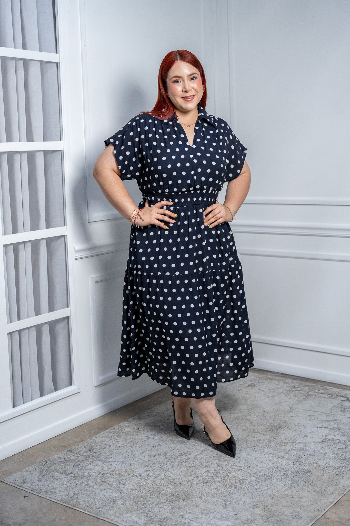 Vestido Maxi Curvy Azul Marino con Lunares Corte Camisero