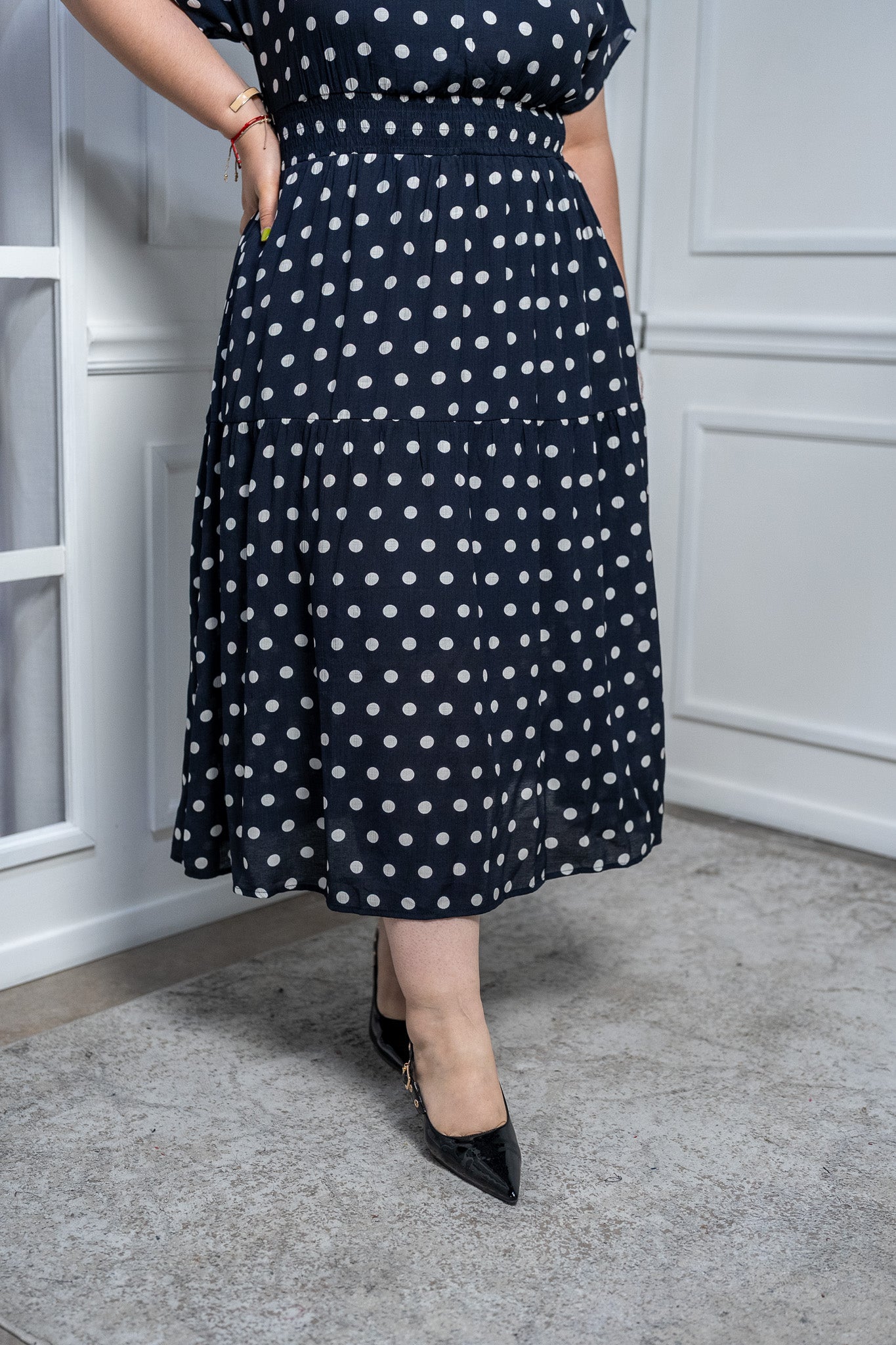 Vestido Maxi Curvy Azul Marino con Lunares Corte Camisero