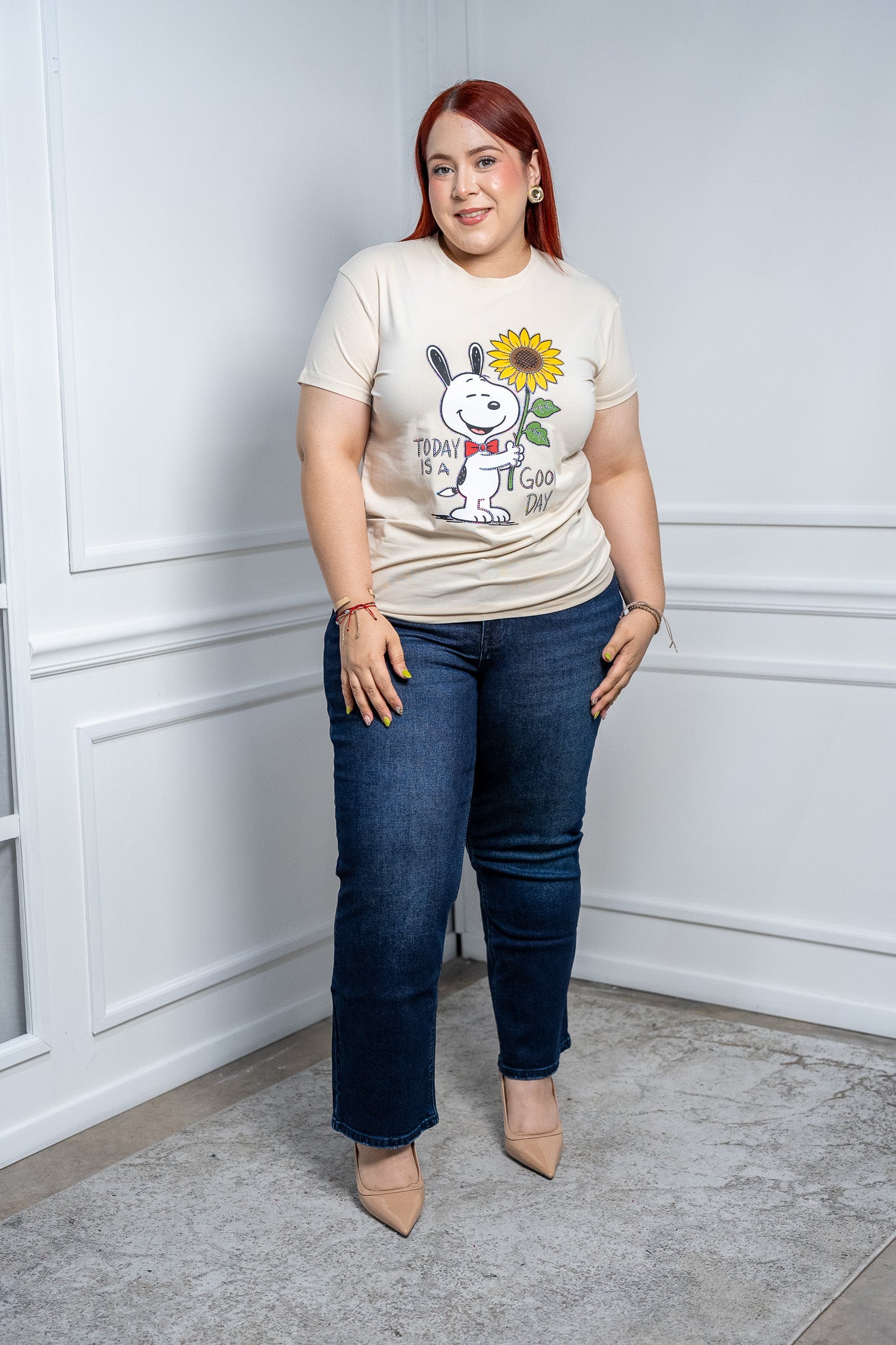 Playera Curvy Beige Snoopy con Girasol Algodón Premium