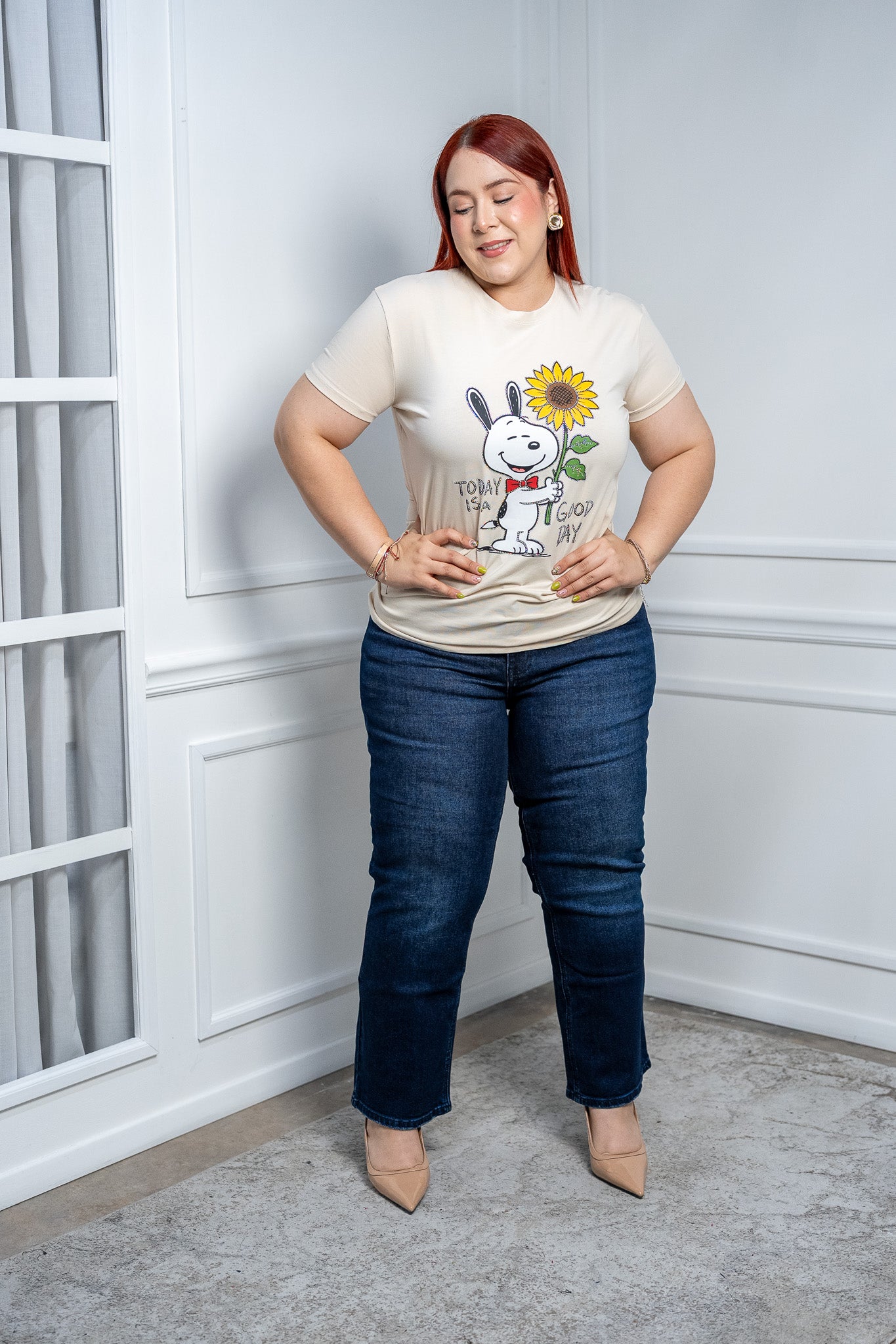Playera Curvy Beige Snoopy con Girasol Algodón Premium