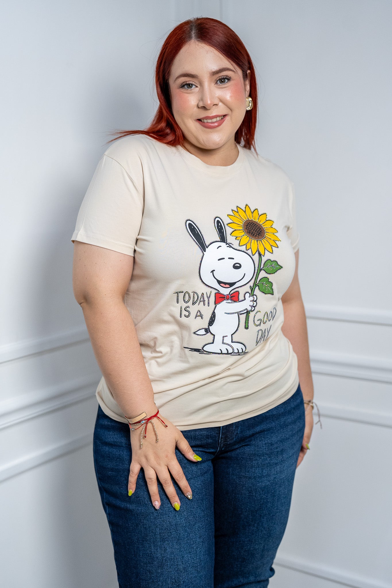 Playera Curvy Beige Snoopy con Girasol Algodón Premium