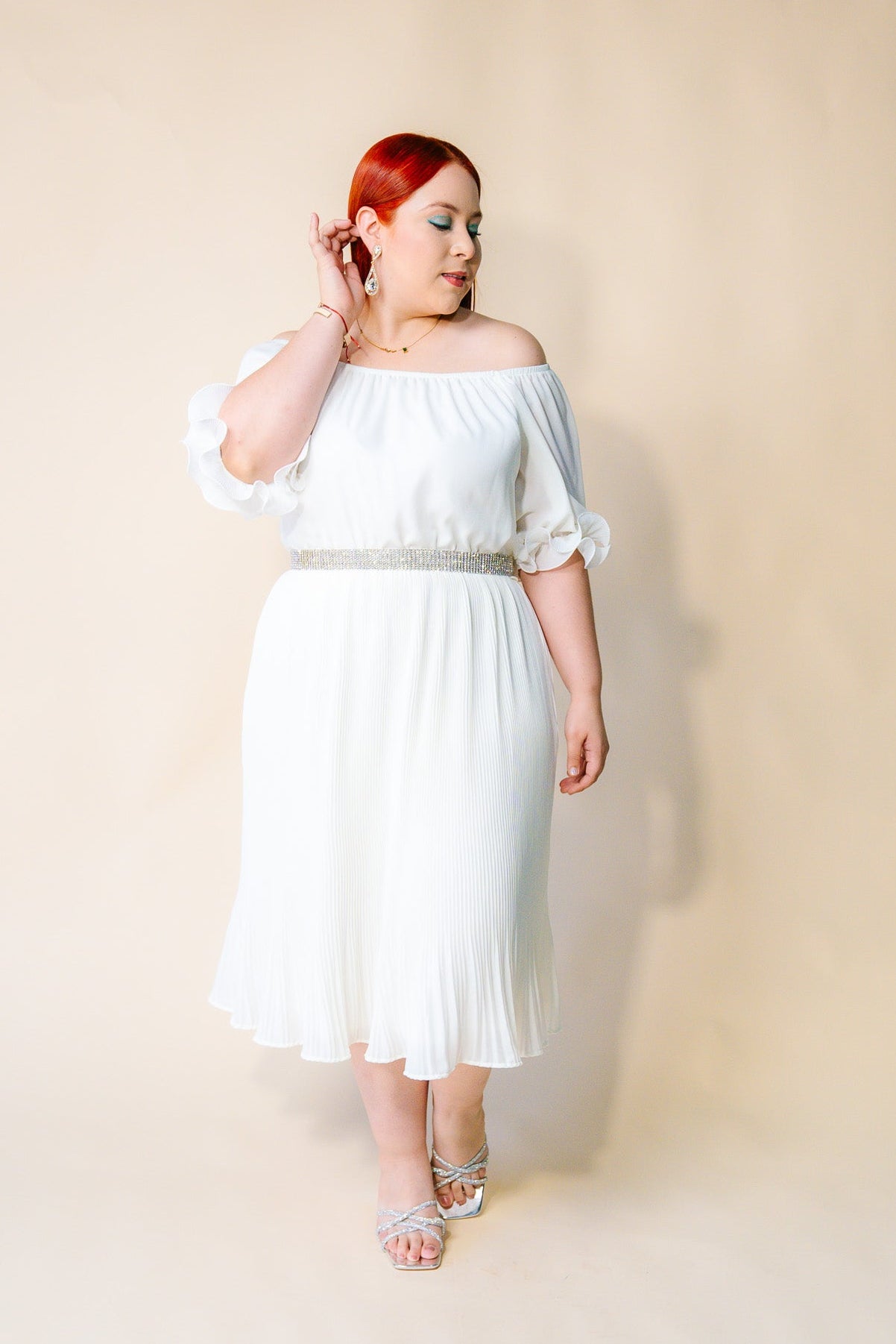 Vestido Plisado Liso Blanco Plus Size para Mujer