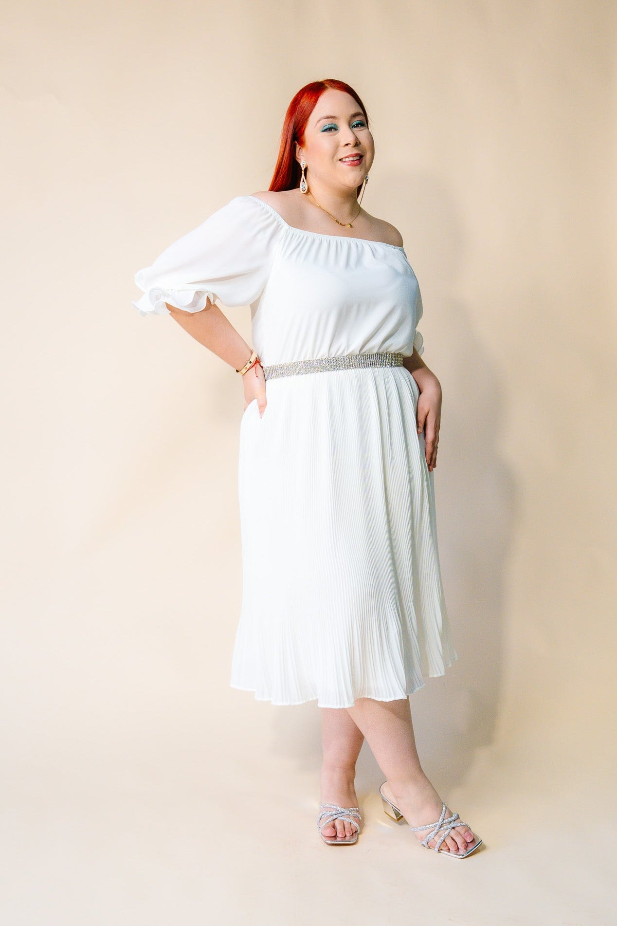 Vestido Plisado Liso Blanco Plus Size para Mujer