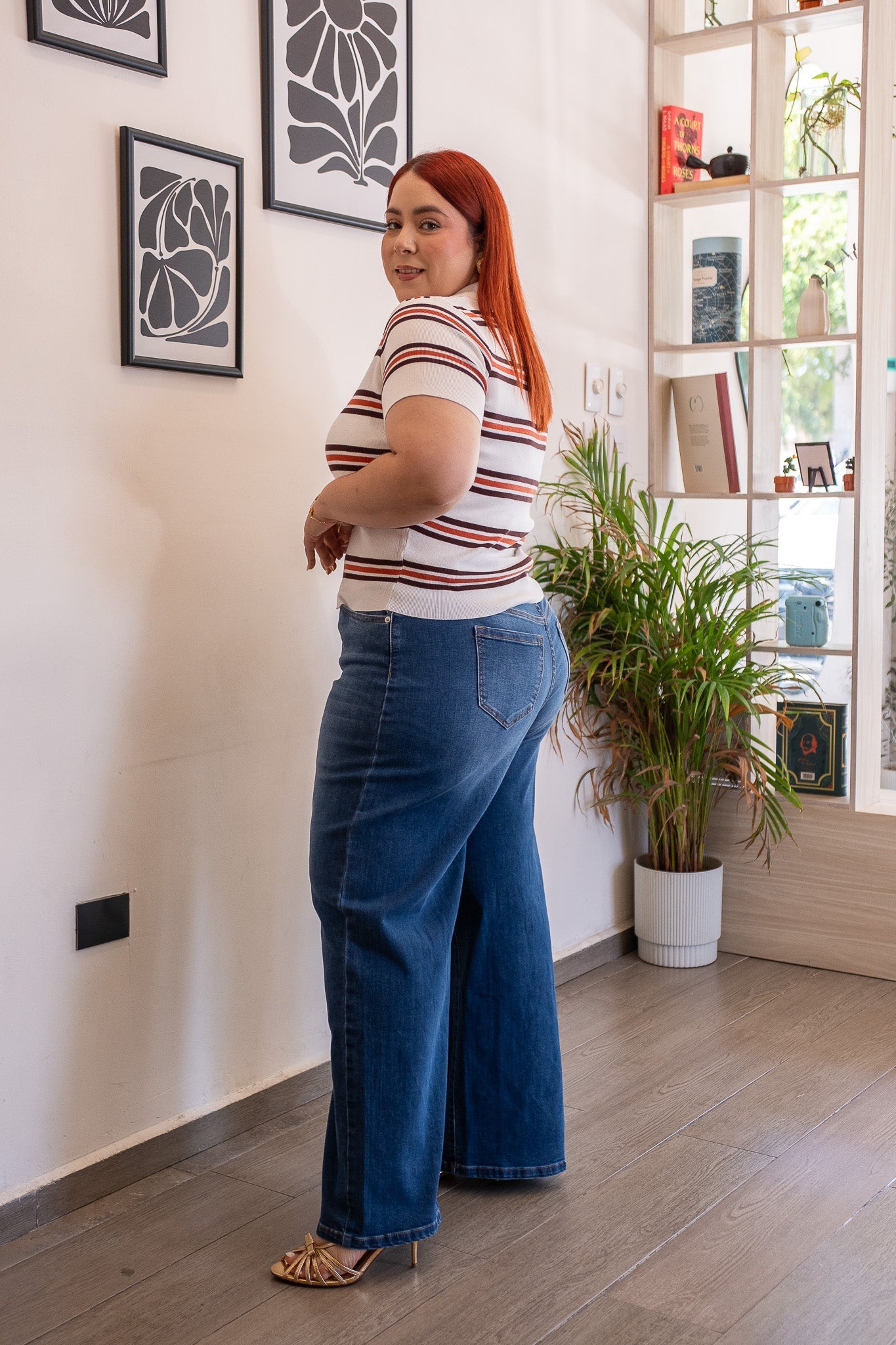 Jeans Curvy Baggy Liso Cintura Alta Wide Leg Azul Oscuro