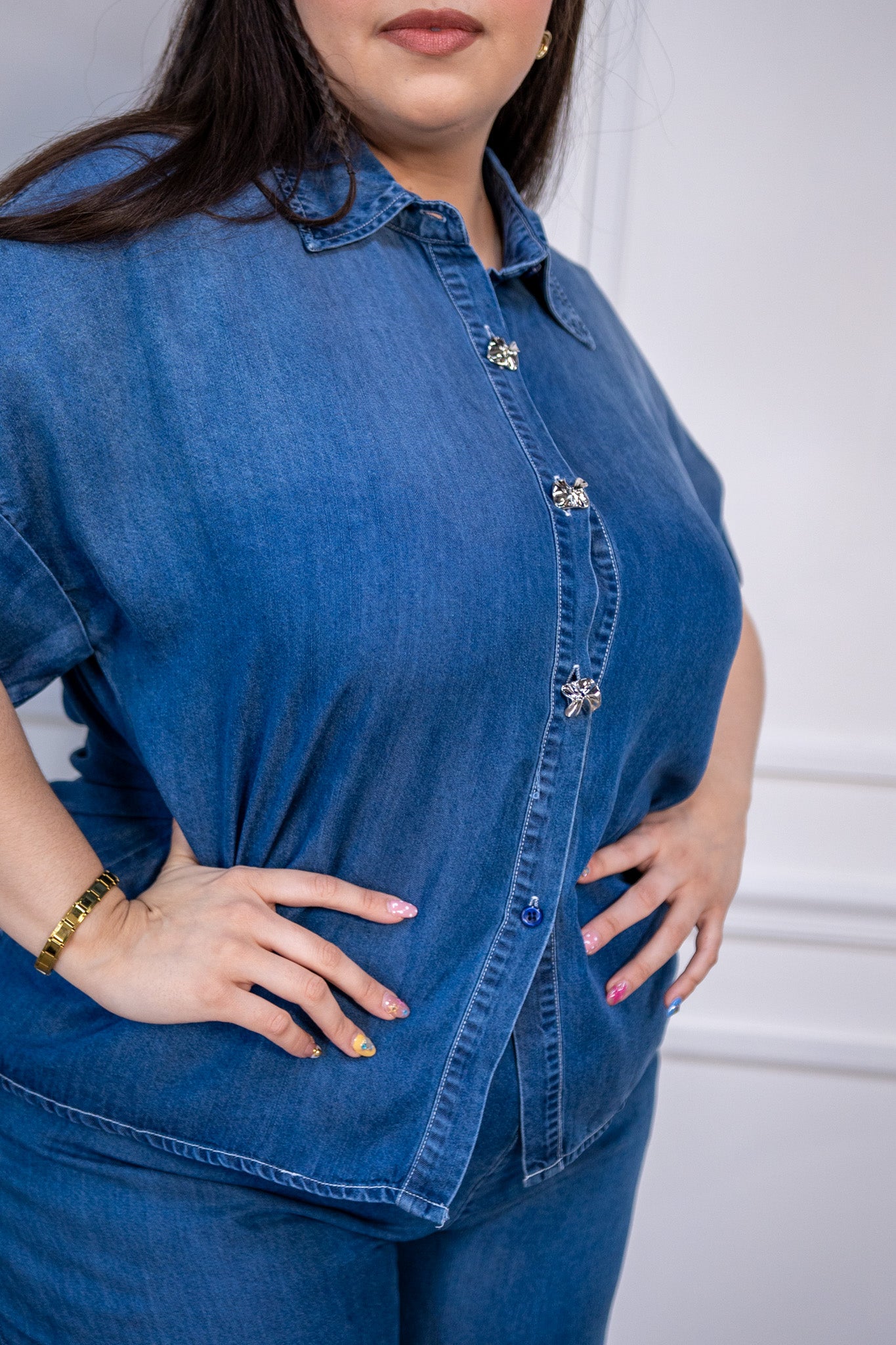 Set Camisa y Pantalon Wide Leg Curvy Liso Denim Oscuro
