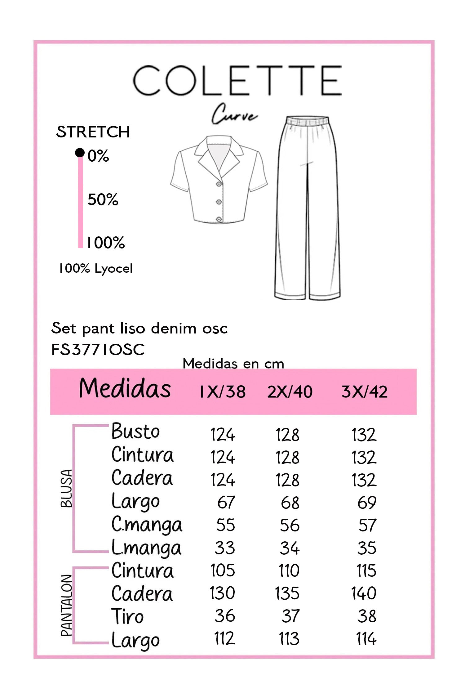 Set Camisa y Pantalon Wide Leg Curvy Liso Denim Oscuro