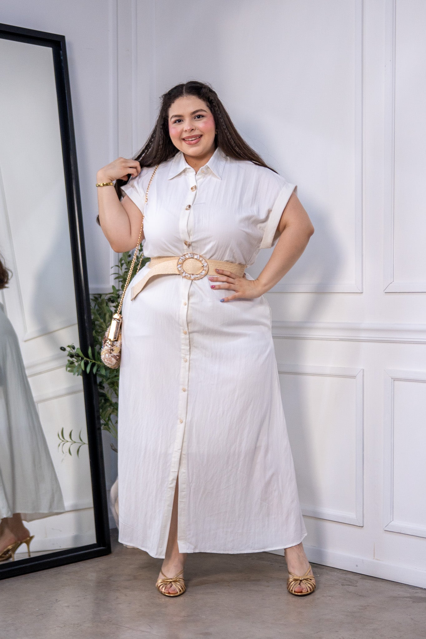 Maxi Vestido Camisero Curvy Manga Corta Botones Ivory