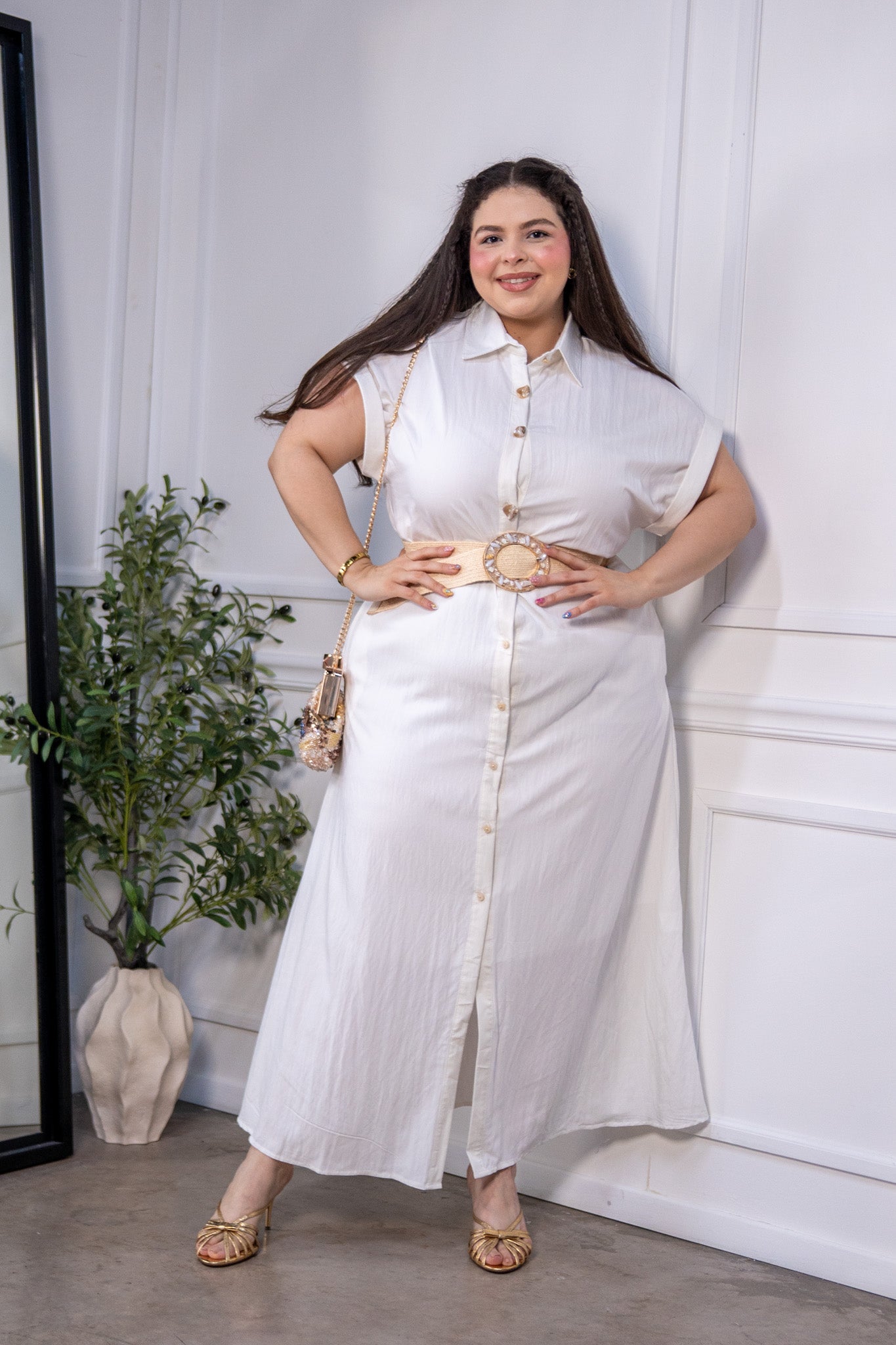 Maxi Vestido Camisero Curvy Manga Corta Botones Ivory
