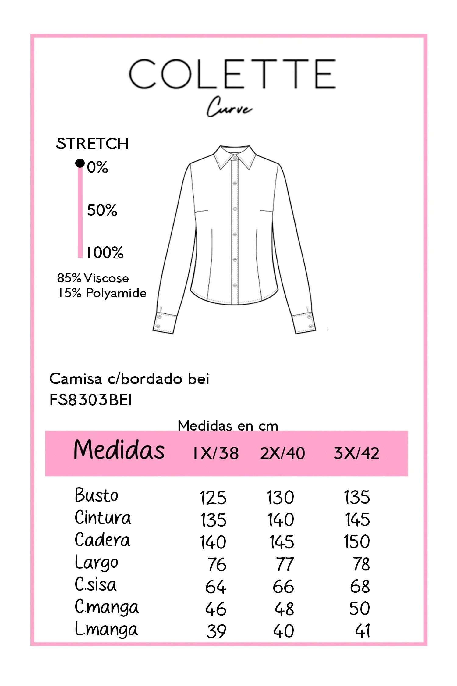 Camisa Curvy Manga Larga con Bordado Beige