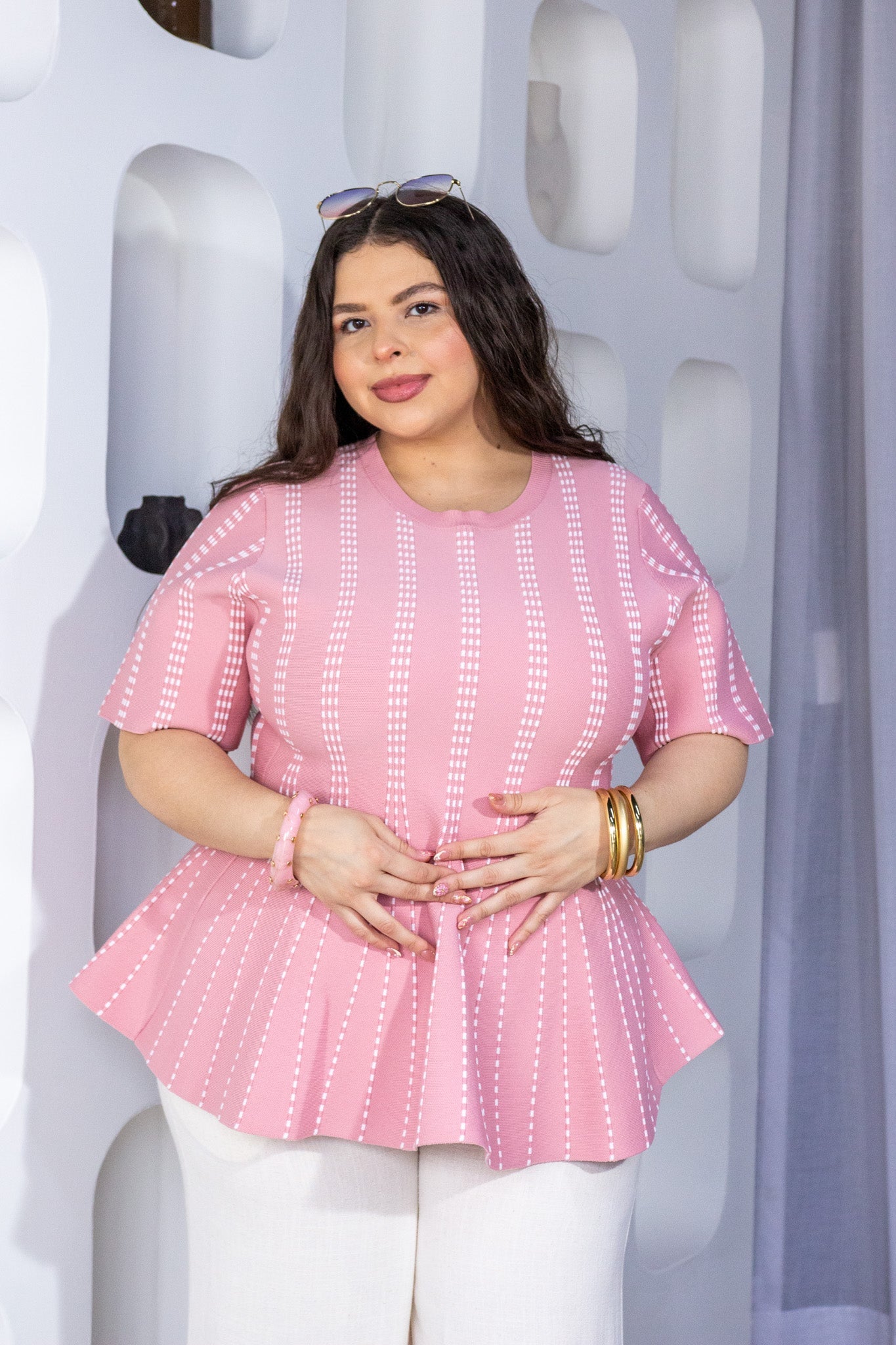Blusa Curvy Peplum Estampado Pespunte Rosa Palo