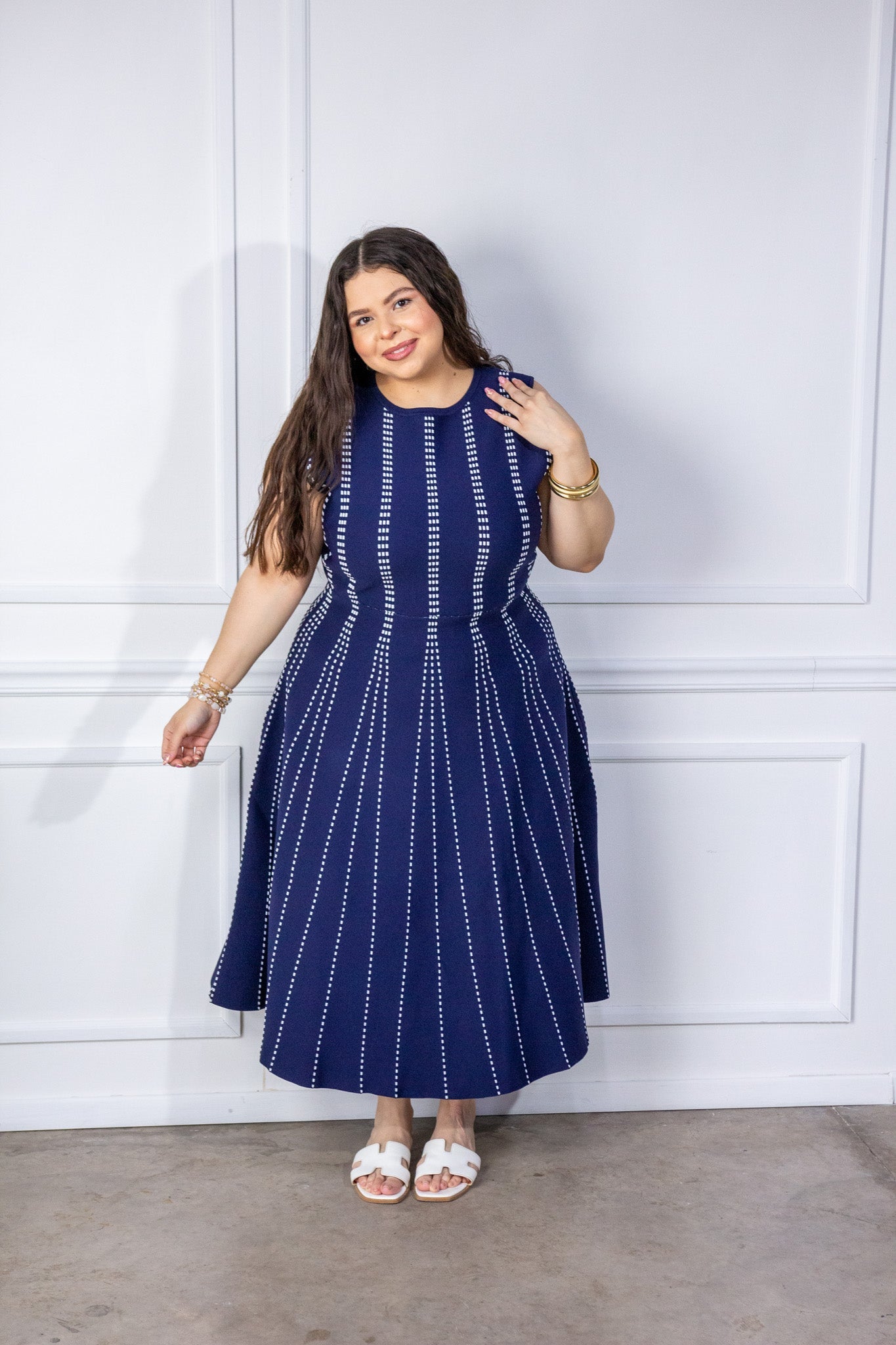 Maxi Vestido Curvy Pespunte Vertical Sin Mangas Navy