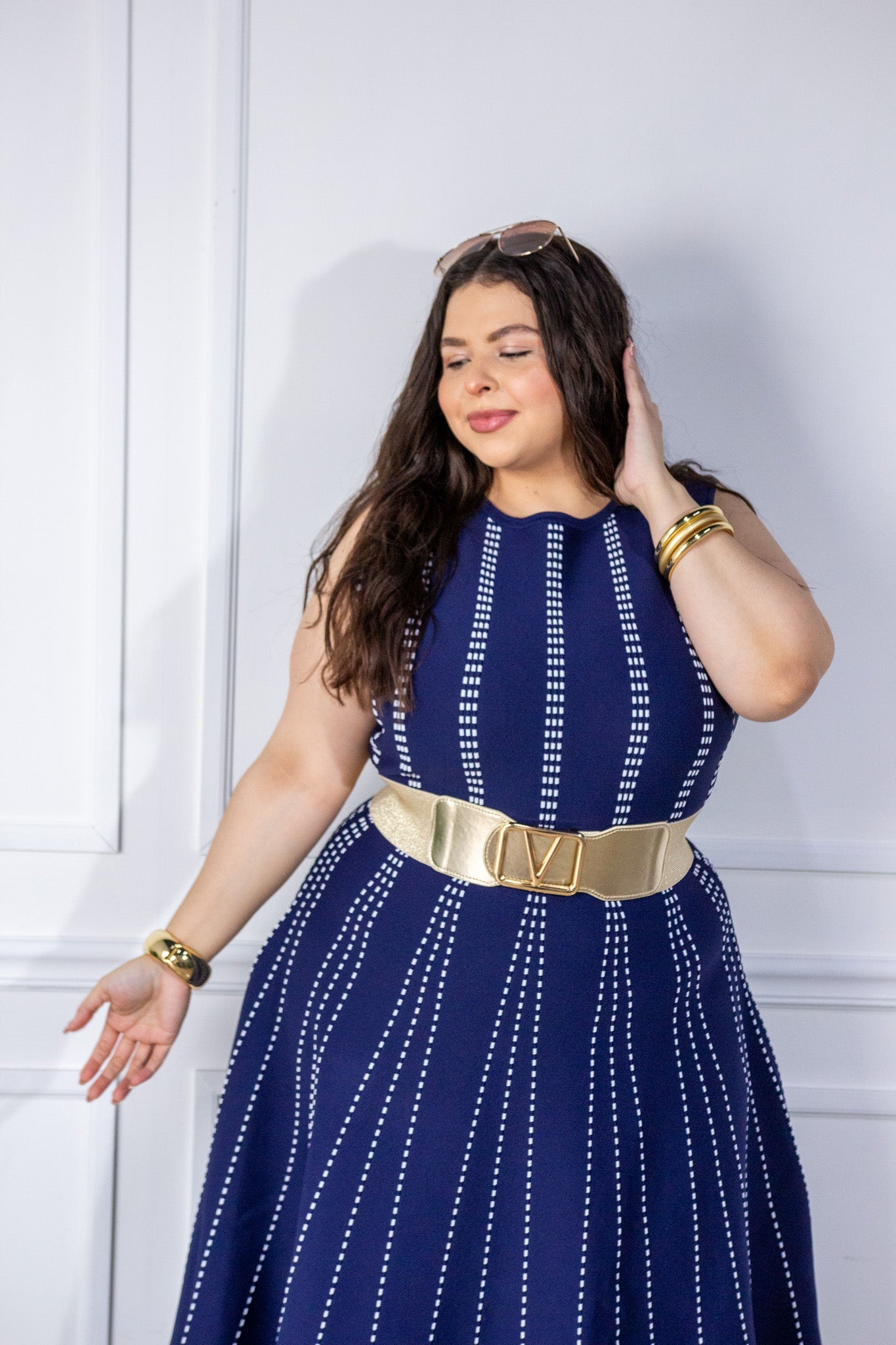Maxi Vestido Curvy Pespunte Vertical Sin Mangas Navy