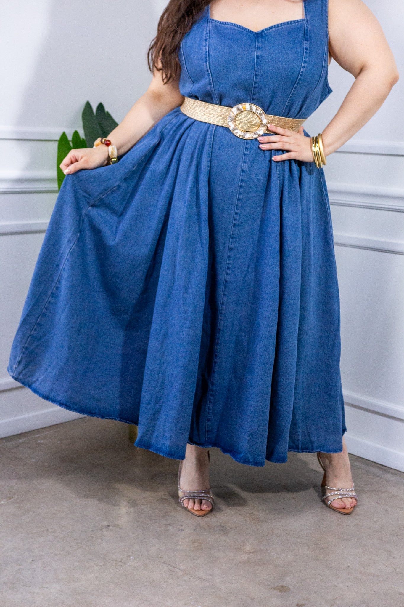 Maxi Vestido Curvy Denim Corte A Sweetheart
