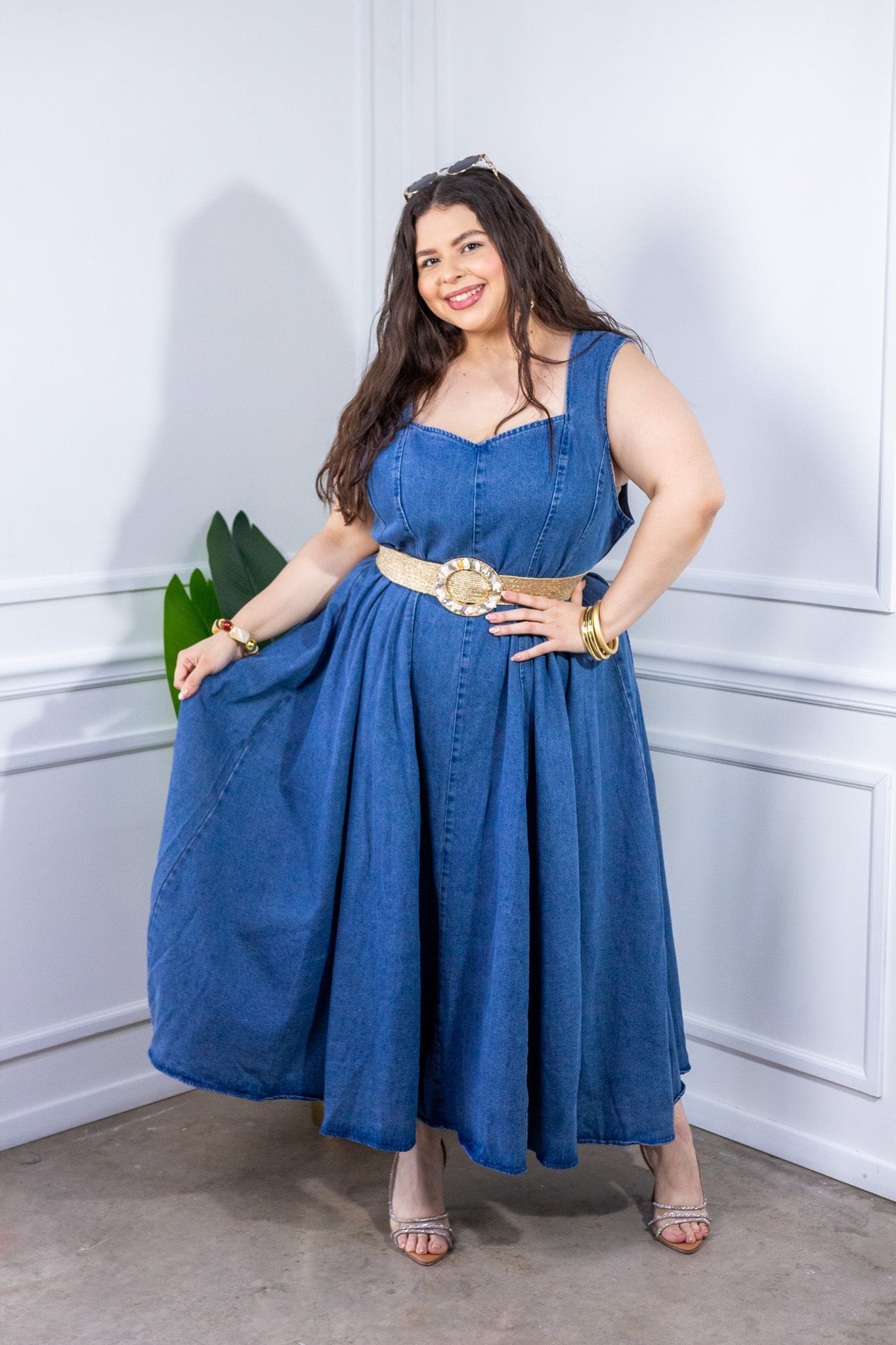 Maxi Vestido Curvy Denim Corte A Sweetheart