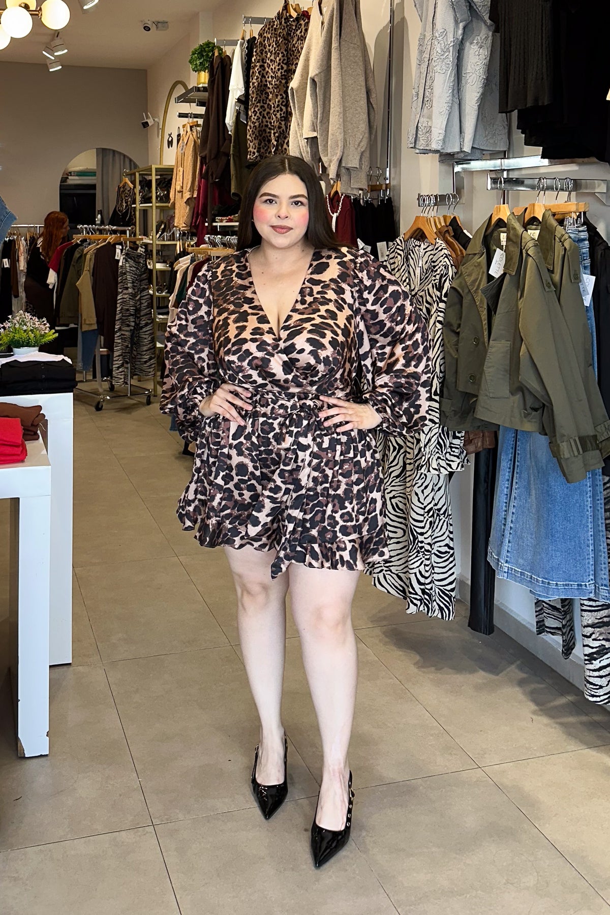 Jumper Curvy Satín Animal Print Café