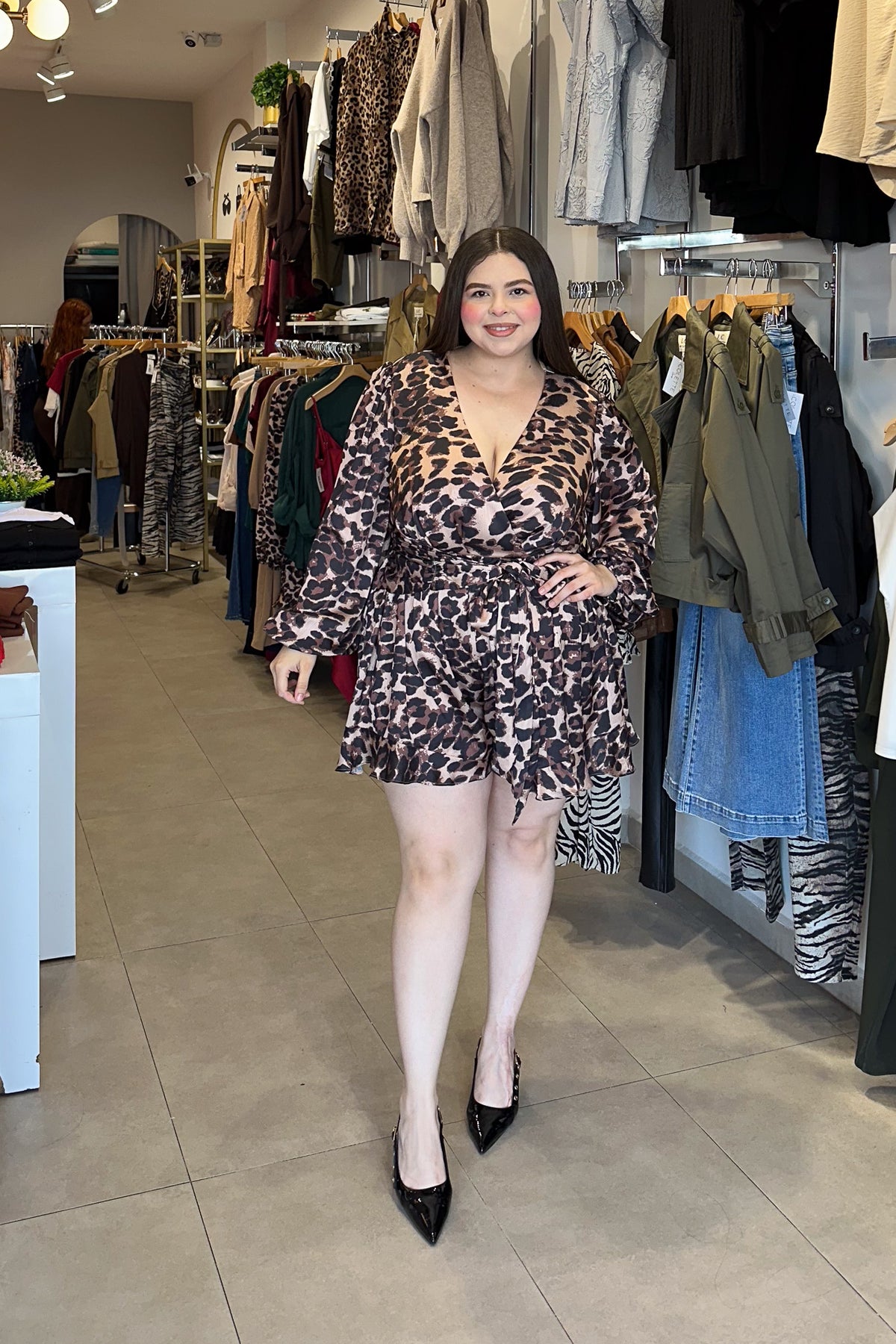Jumper Curvy Satín Animal Print Café