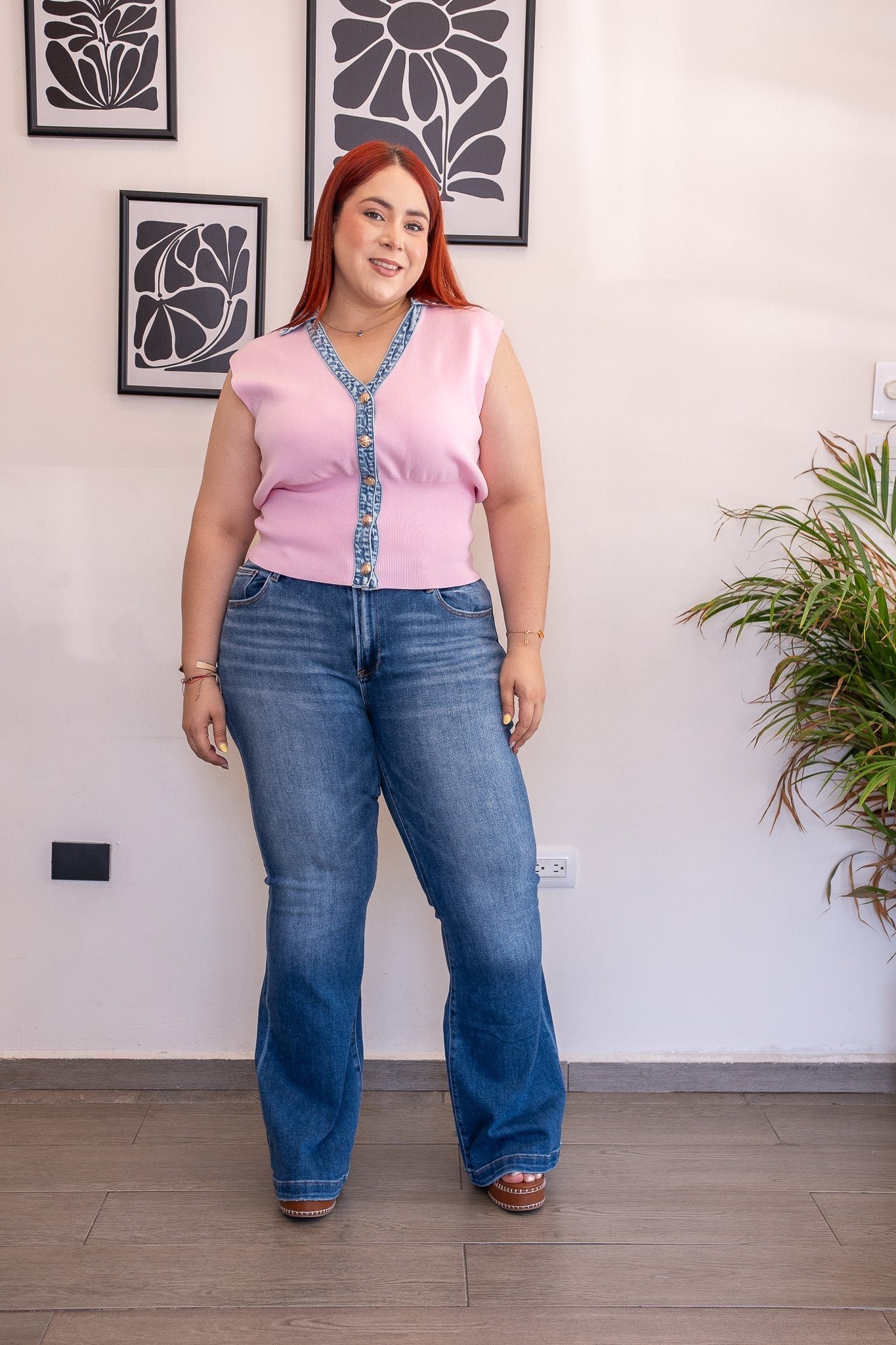 Chaleco Curvy Canalado Denim Rosa frente