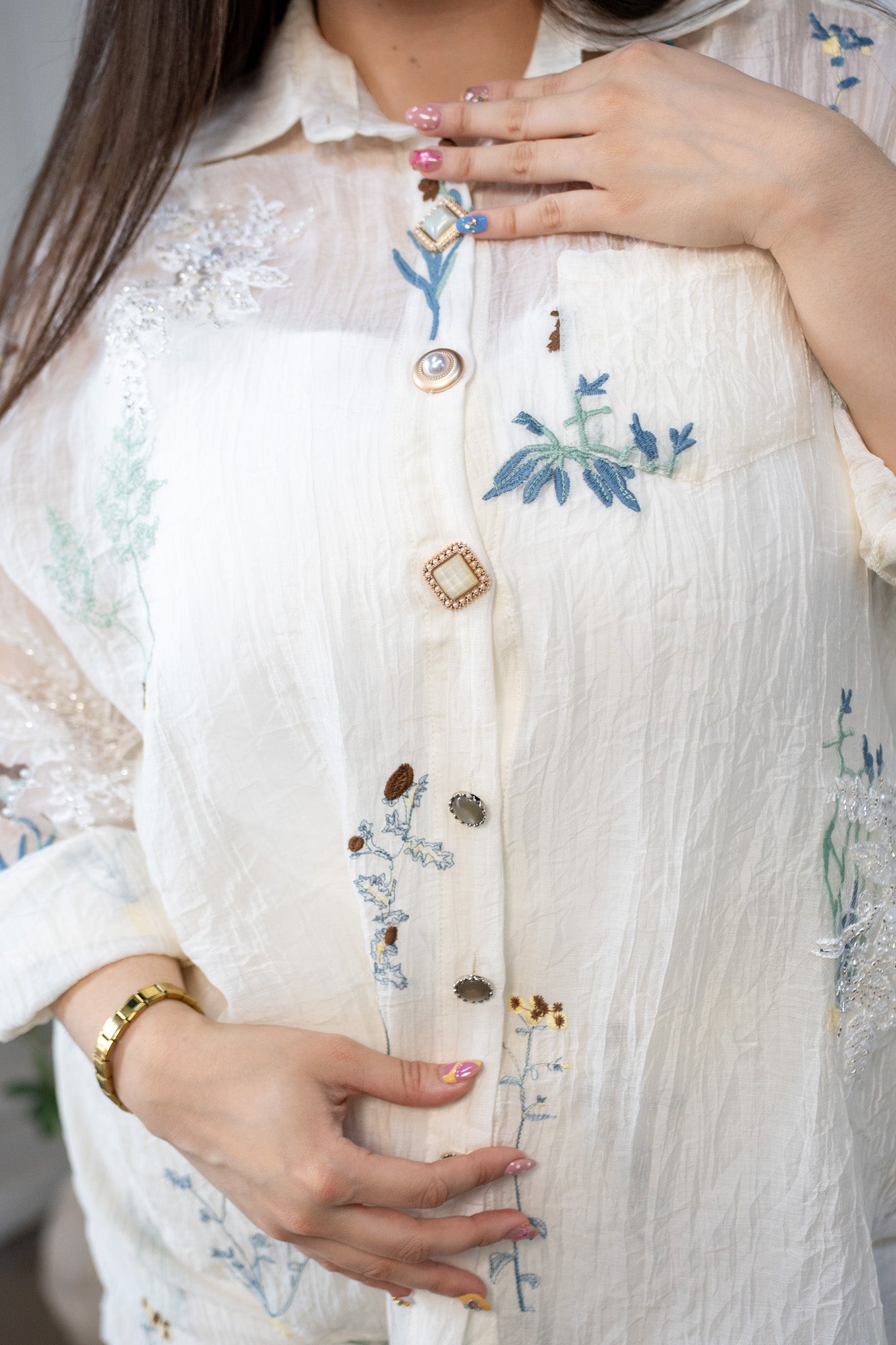 Set Camisa Bordada Curvy Manga Larga y Short Ivory