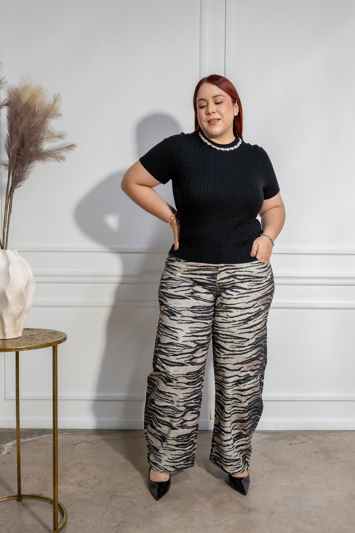 Jeans Curvy Barrel Print Cebra Café