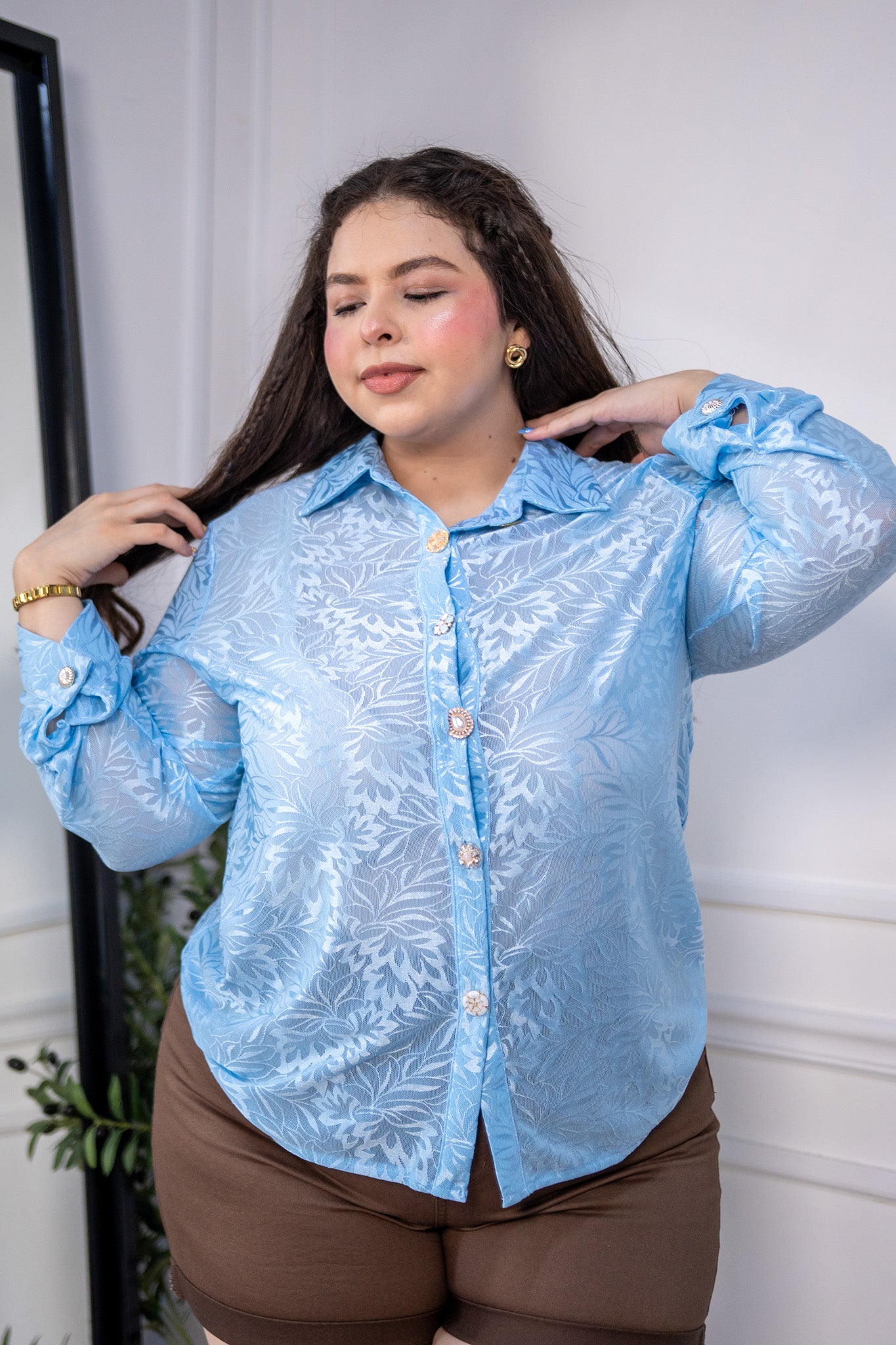 Blusa Curvy Mesh Manga Larga Estampado Floral Azul Cielo